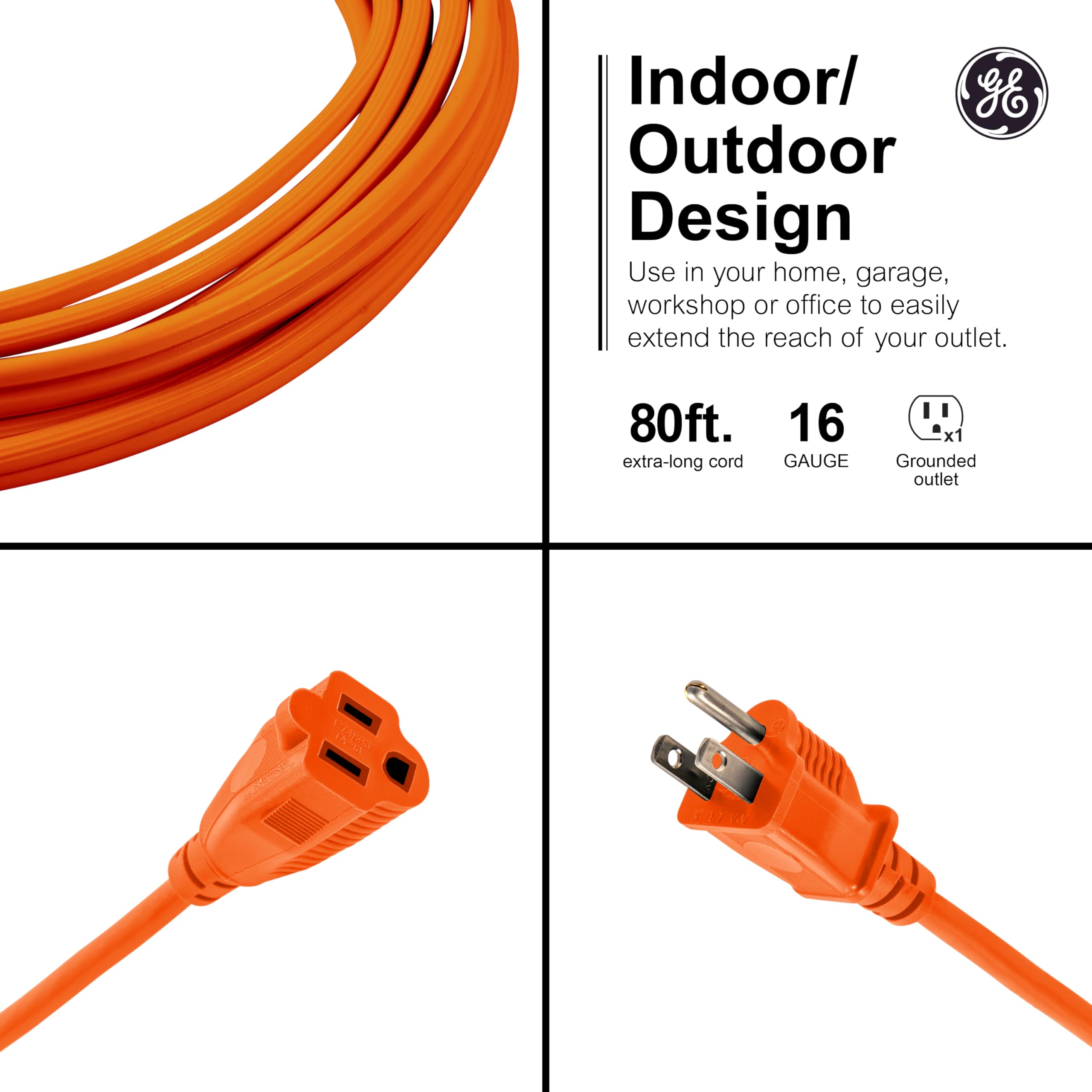 GE 81703 80 Feet Outdoor Extension Cable with Grounding, 16 AWG 3 Pin, ETL Certified Long Outdoor Cable, Orange ge