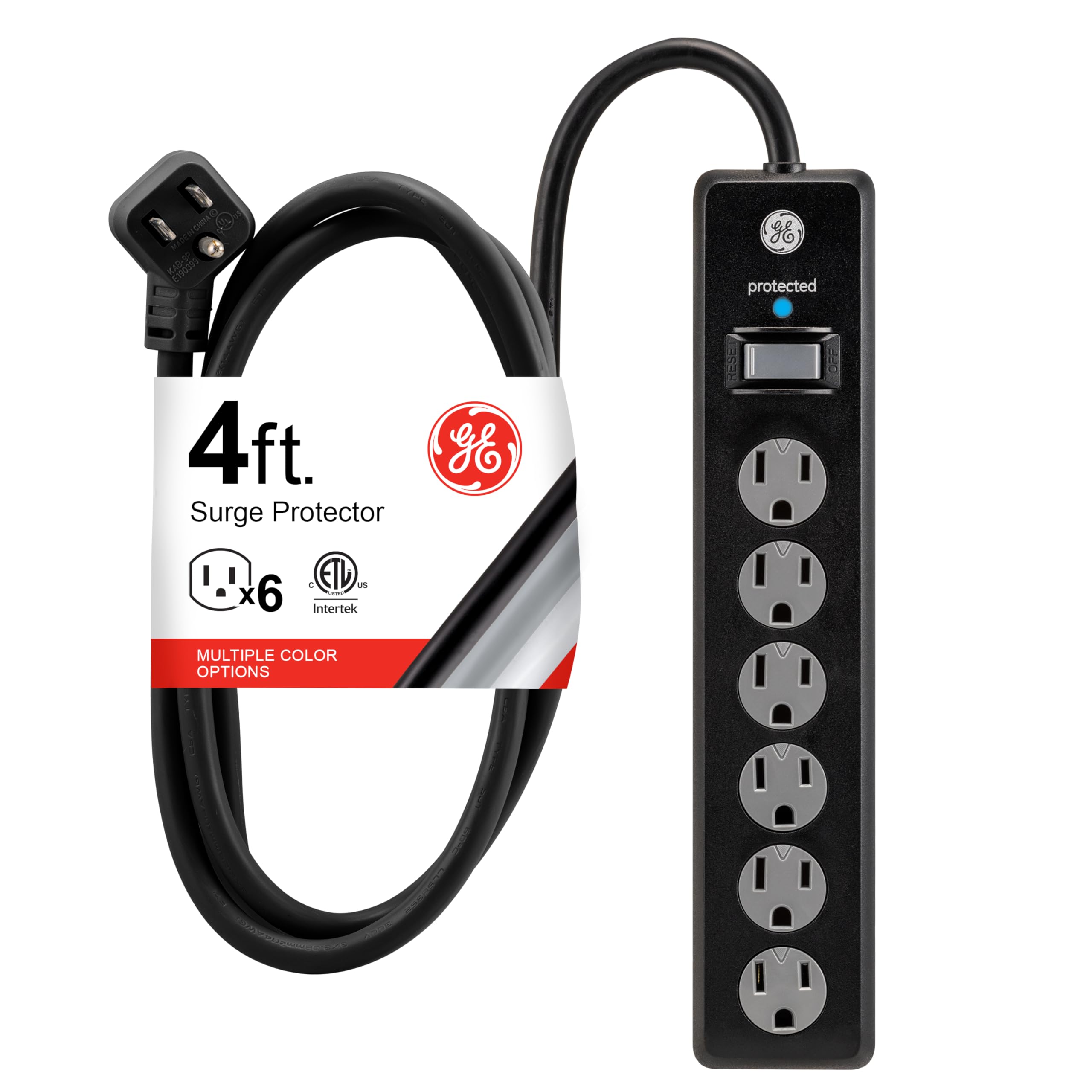 GE 6-Outlet Surge Protector, 4 Ft Extension Cord, Power Strip, 800 Joules, Flat Plug, Twist-to-Close Safety Covers, Protected Indicator Light, ETL Listed, Black, 33659