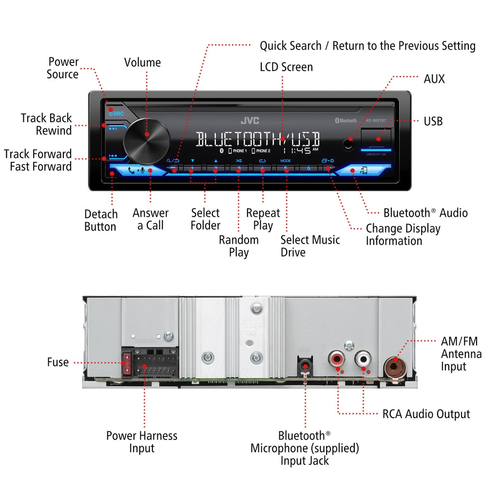 JVC KD-SX27BT Car Stereo with Bluetooth, 100W Digital Media Receiver, 1.5A USB to Charge Devices, Single DIN Head Unit, AM/FM, Aux-in, JVC Remote App