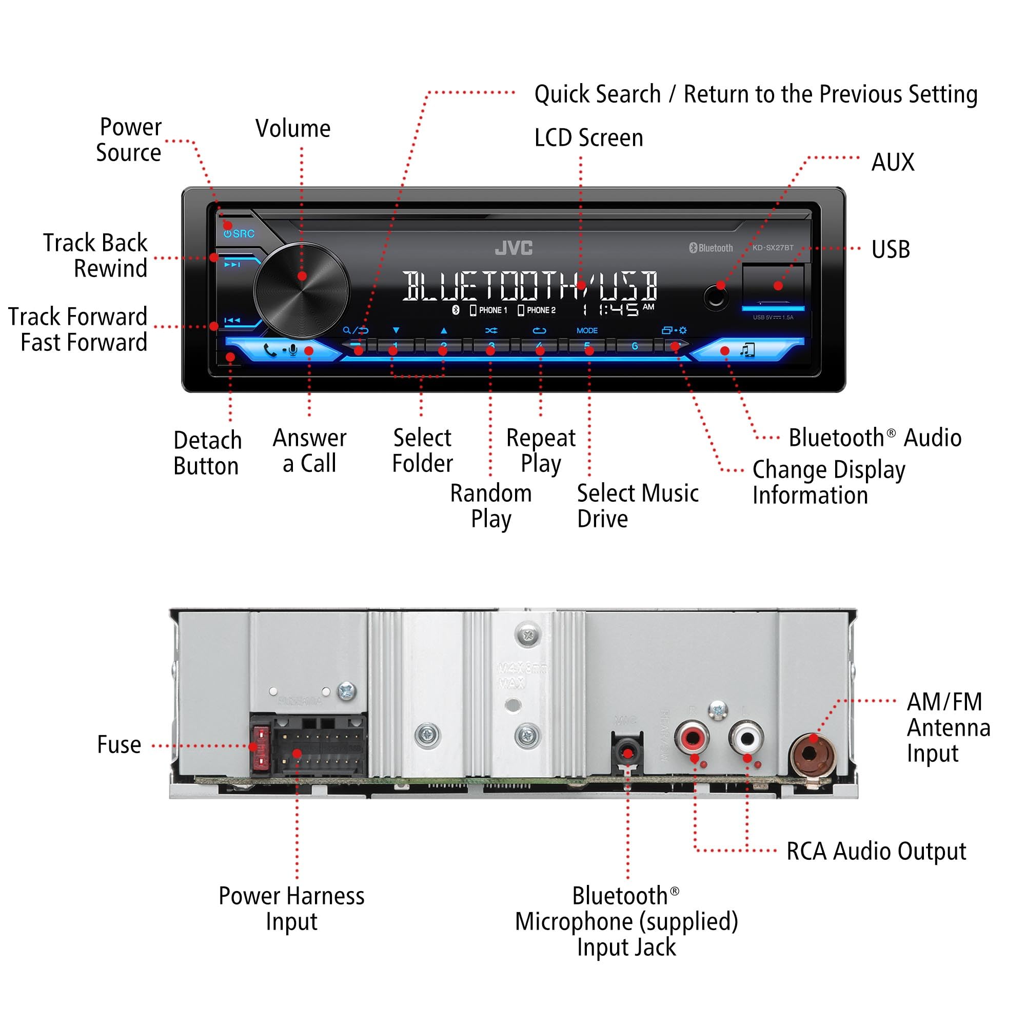 JVC KD-SX27BT Car Stereo with Bluetooth, 100W Digital Media Receiver, 1.5A USB to Charge Devices, Single DIN Head Unit, AM/FM, Aux-in, JVC Remote App
