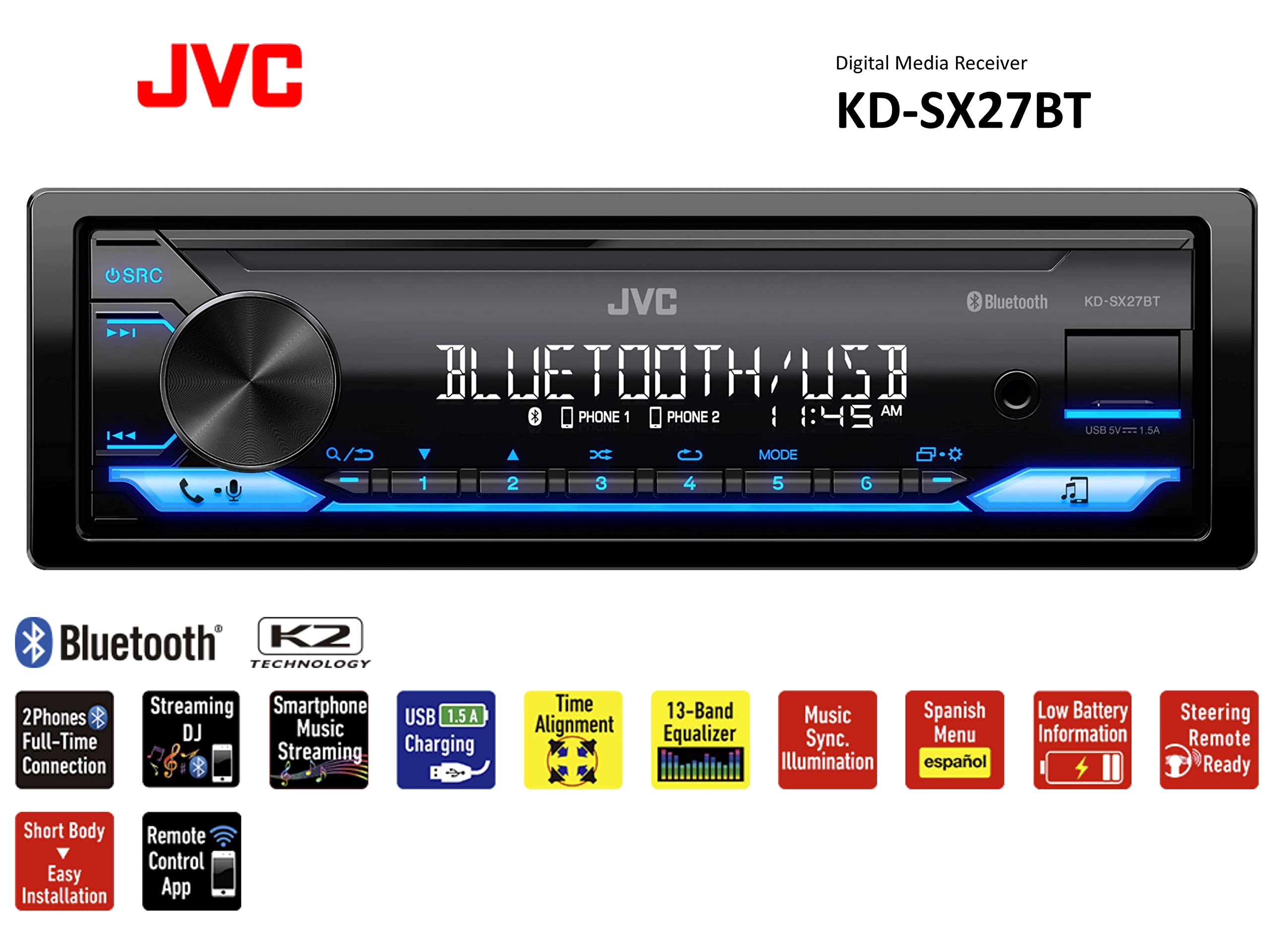 JVC KD-SX27BT Car Stereo with Bluetooth, 100W Digital Media Receiver, 1.5A USB to Charge Devices, Single DIN Head Unit, AM/FM, Aux-in, JVC Remote App