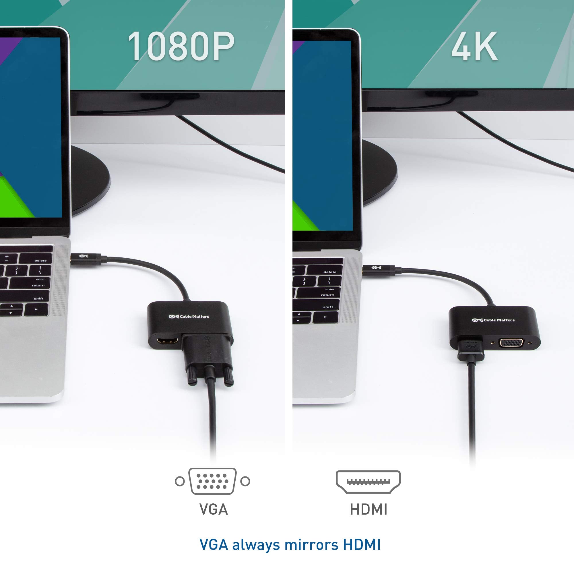 Cable Matters Aluminum USB C to HDMI VGA Adapter for MacBook, Chromebook Plus, Surface Book 2 and More (Thunderbolt 3 Port Compatible)