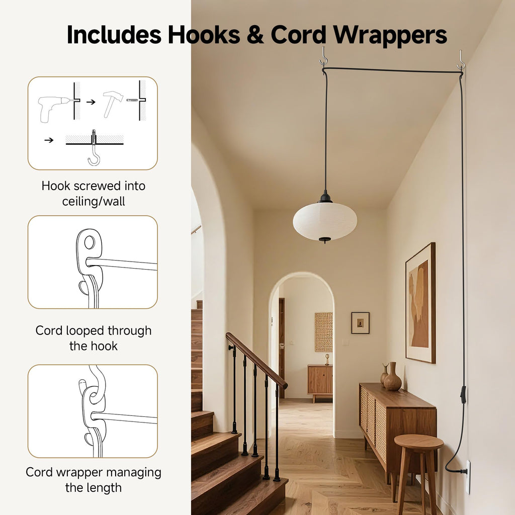 Cable Matters 2-Pack Hanging Light Cord with Switch - 25ft, Pendant Light Cord with Plug, Black