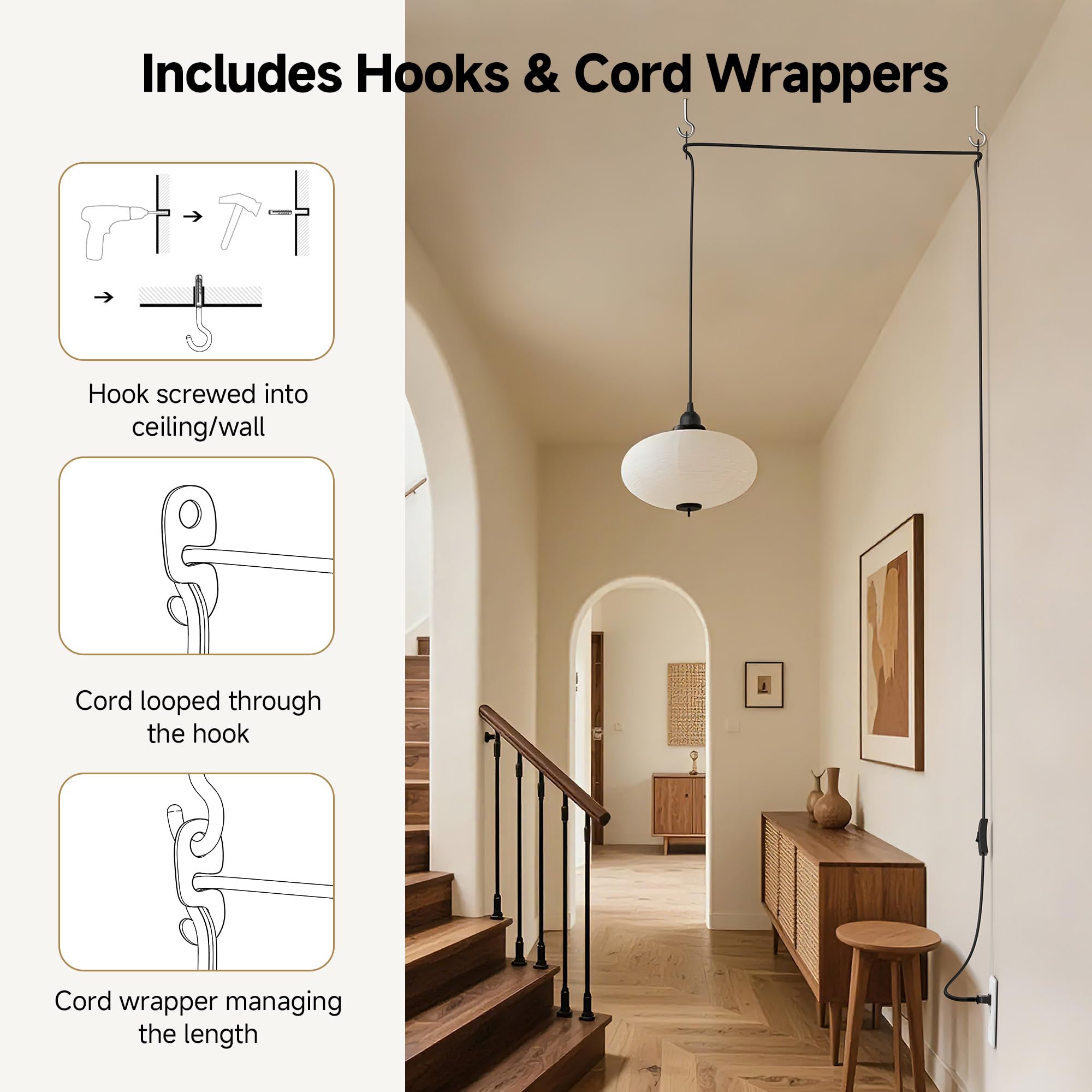 Cable Matters 2-Pack Hanging Light Cord with Switch - 25ft, Pendant Light Cord with Plug, Black
