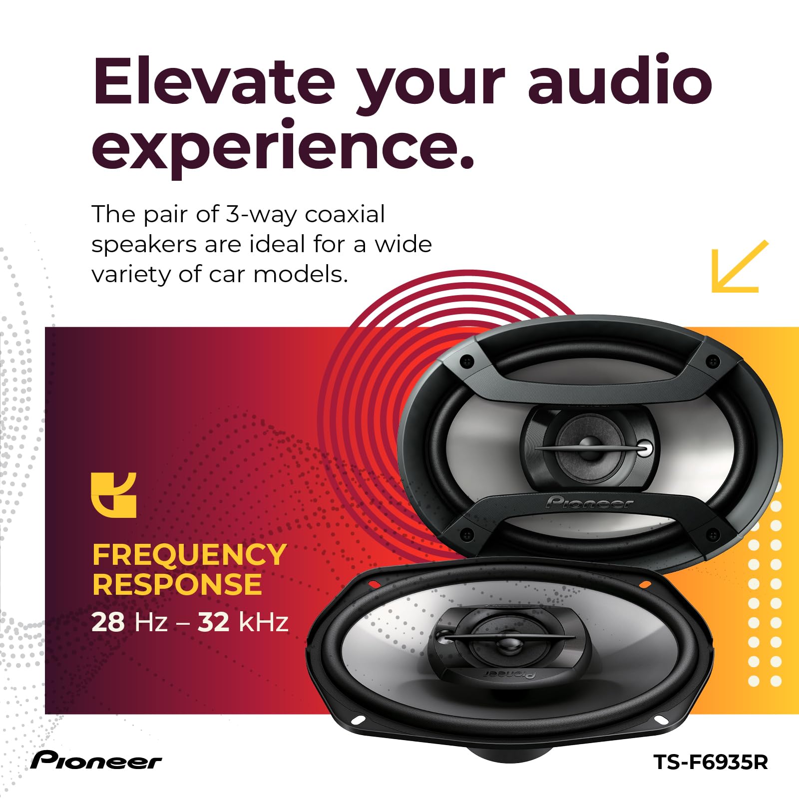Pioneer TS-F6935R 3-Way Coaxial Car Audio Speakers - 6" x 9" Passive Car Speakers (Pair), 230 W Max Power, Black and Silver