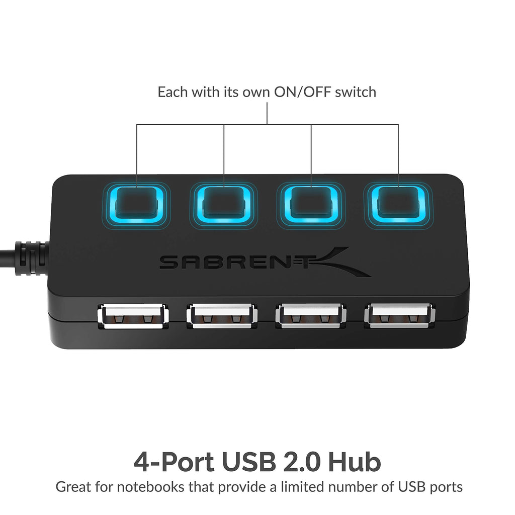 SABRENT USB Hub 4 Port USB 2.0 Portable Travel USB Docking Station with Individual LED lit Power Switches [Charging NOT Supported] for Mac & PC (HB-UMLS)