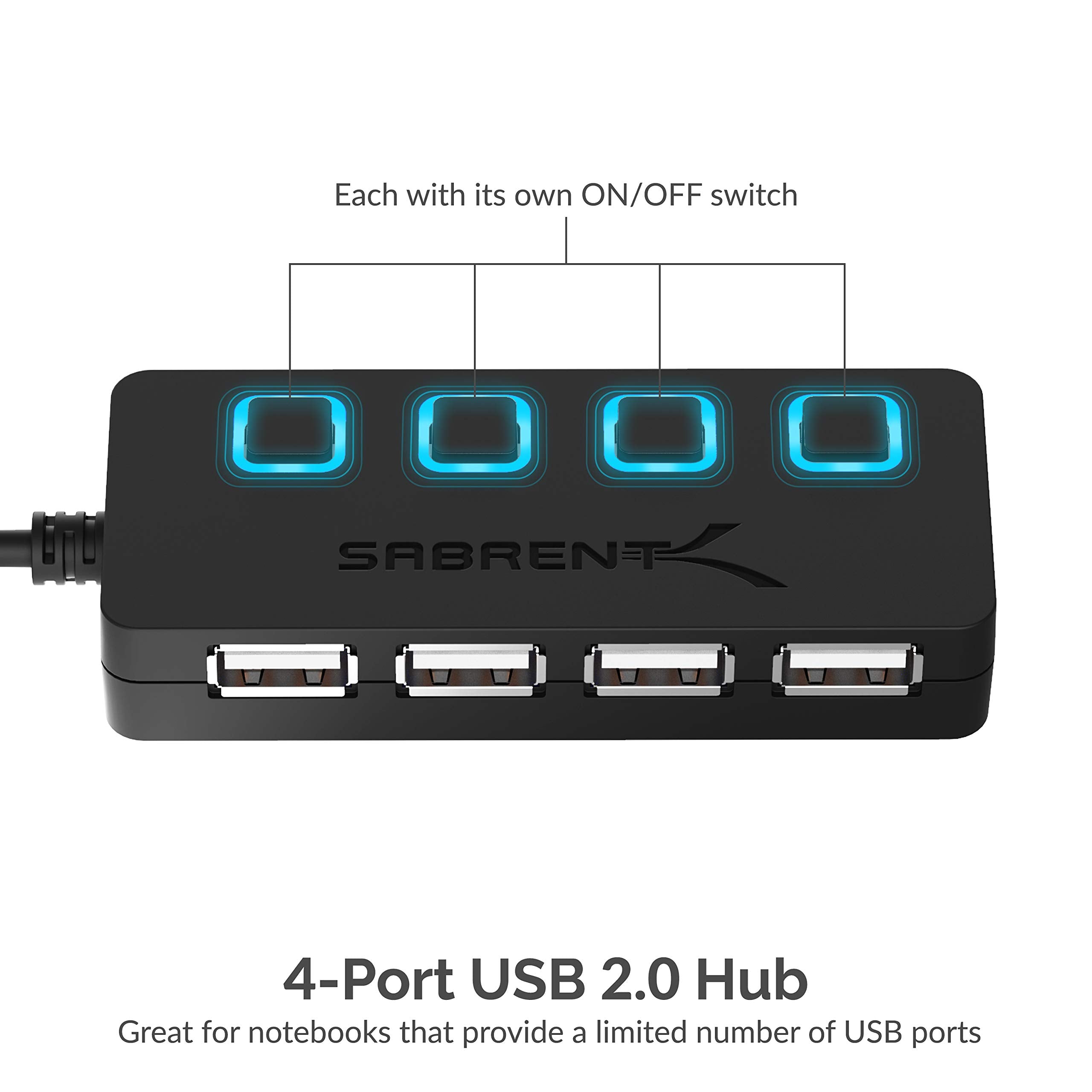 SABRENT USB Hub 4 Port USB 2.0 Portable Travel USB Docking Station with Individual LED lit Power Switches [Charging NOT Supported] for Mac & PC (HB-UMLS)