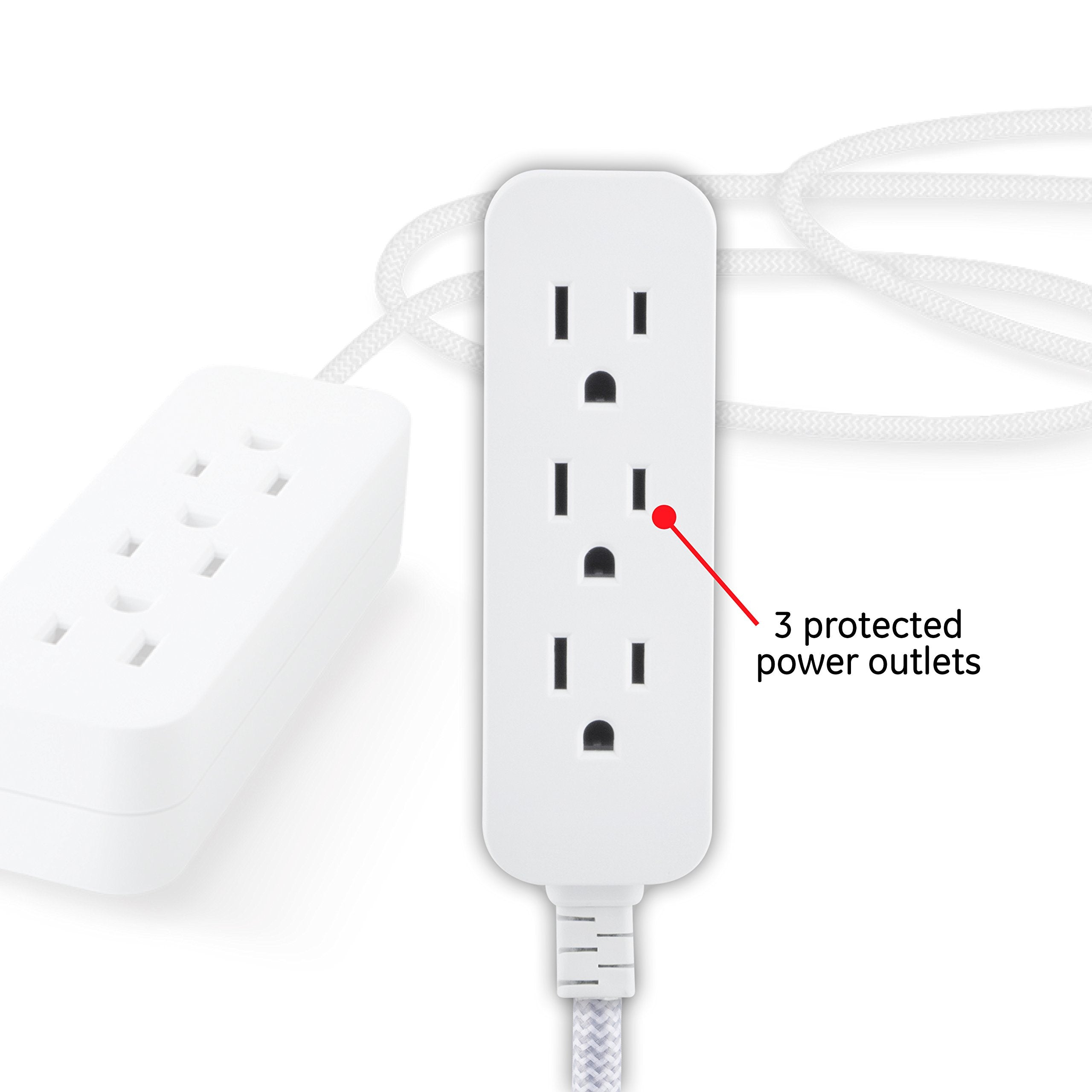 GE Pro 3-Outlet Power Strip with Surge Protection, 15 Ft Designer Braided Extension Cord, Grounded, Flat Plug, 250 Joules, Warranty, UL Listed, White/Gray, 40530