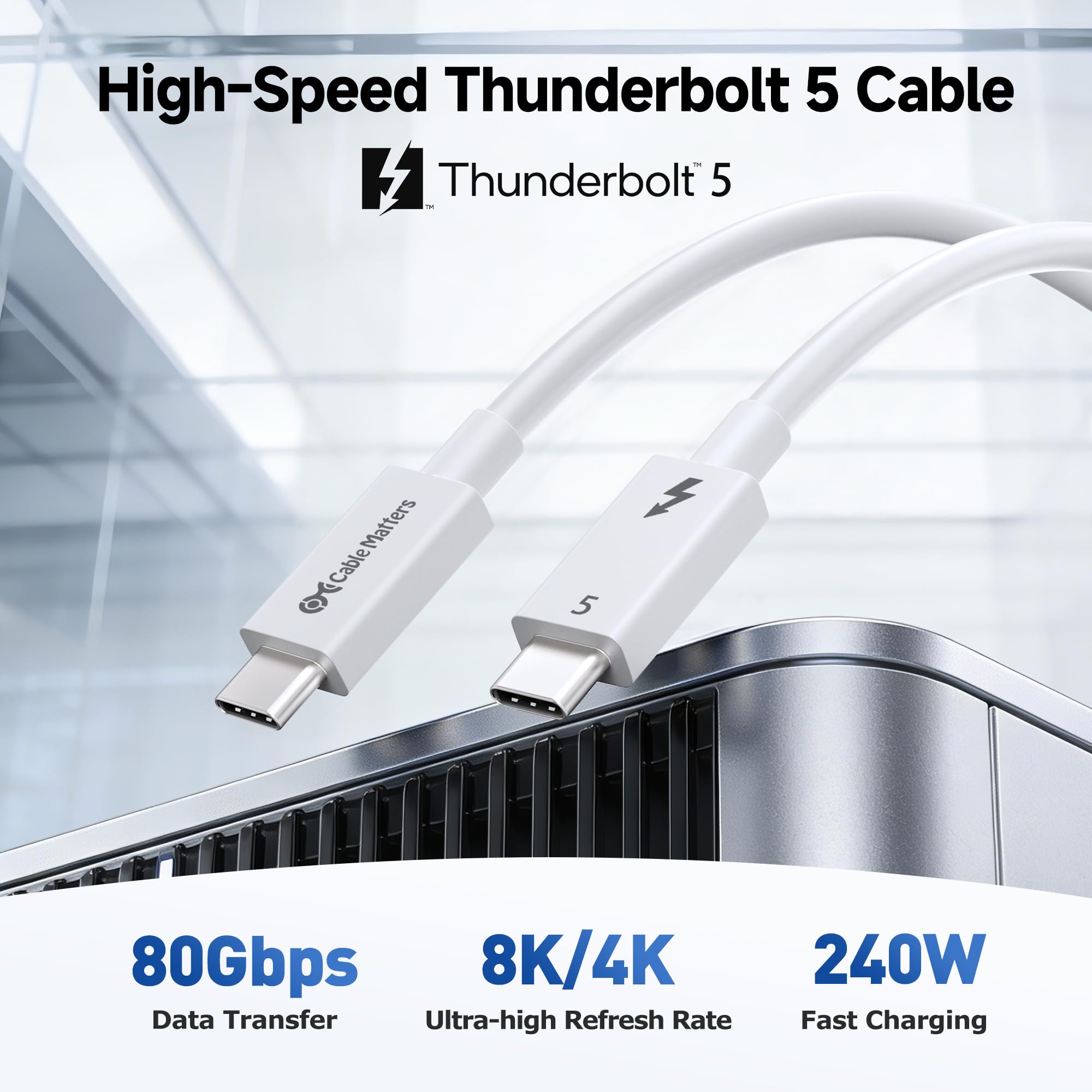 Cable Matters [Intel Certified] 80Gbps Thunderbolt 5 cable with up to 120Gbps bandwidth boost and 240W charging in white - 1m/3.3ft, compatible with Thunderbolt 4, USB 4 and USB-C