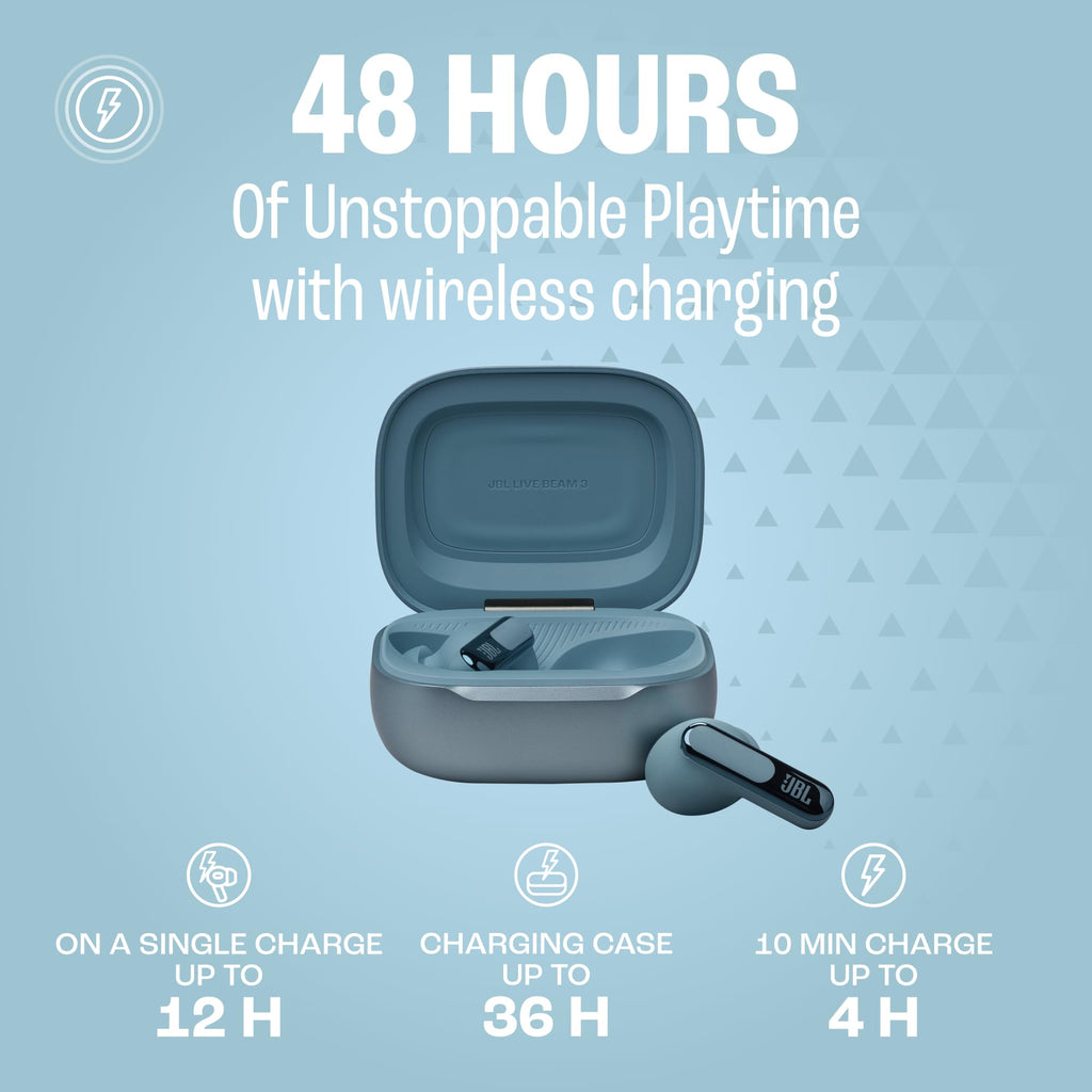 JBL Live Beam 3 - True Wireless Noise-Canceling Closed-Ear Earbuds, 48Hr Playback, Wireless Charging, 6 Mics for Calls, Multi-Connect, IP55 Dust- and Water-Resistant (Blue)