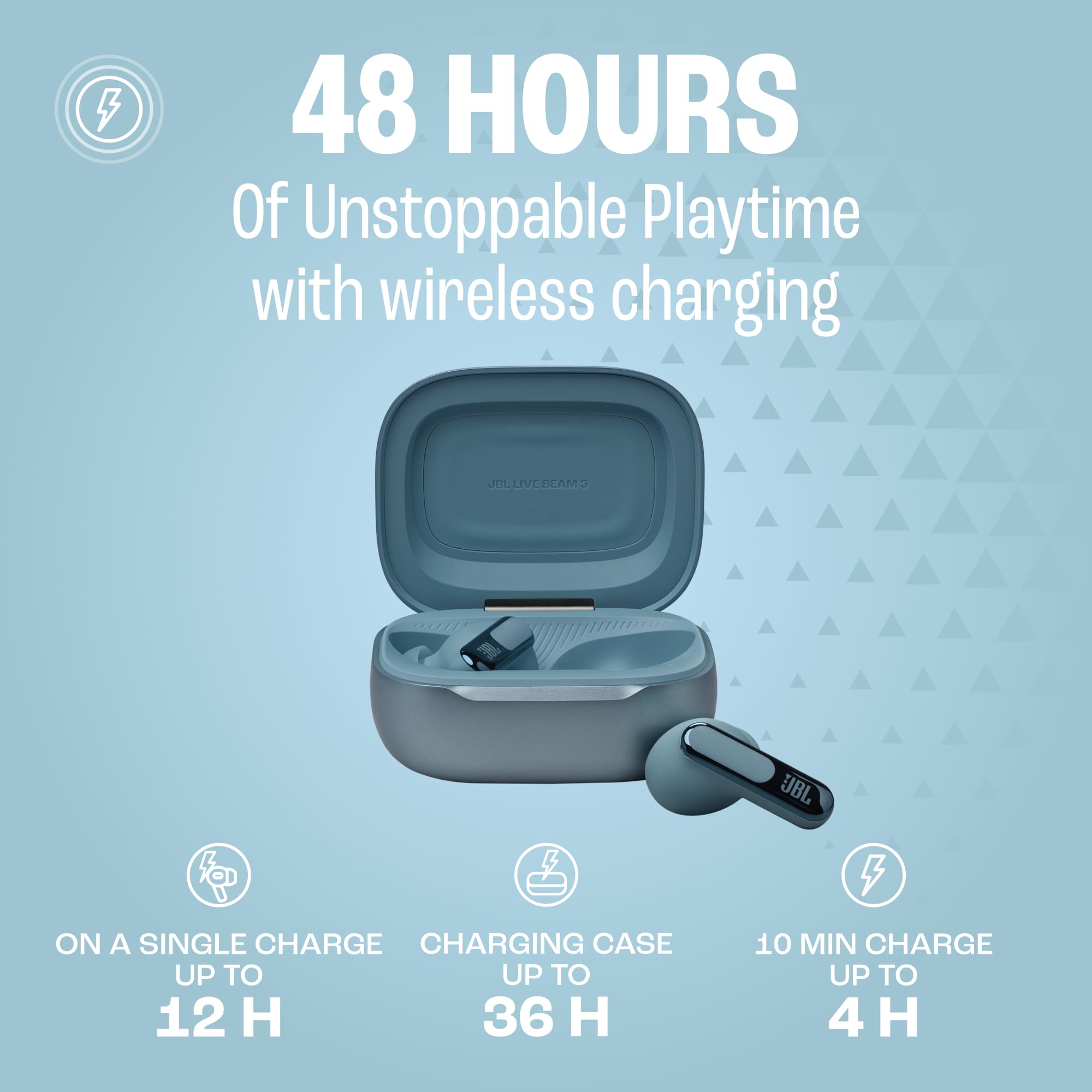 JBL Live Beam 3 - True Wireless Noise-Canceling Closed-Ear Earbuds, 48Hr Playback, Wireless Charging, 6 Mics for Calls, Multi-Connect, IP55 Dust- and Water-Resistant (Blue)