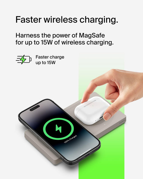 Belkin BoostCharge Pro 2-in-1 Wireless Charging Pad with MagSafe 15W, Fast Charging iPhone Charger Compatible with iPhone 15, 14, 13, and 12 Series, AirPods, and Other MagSafe Enabled Devices - Sand