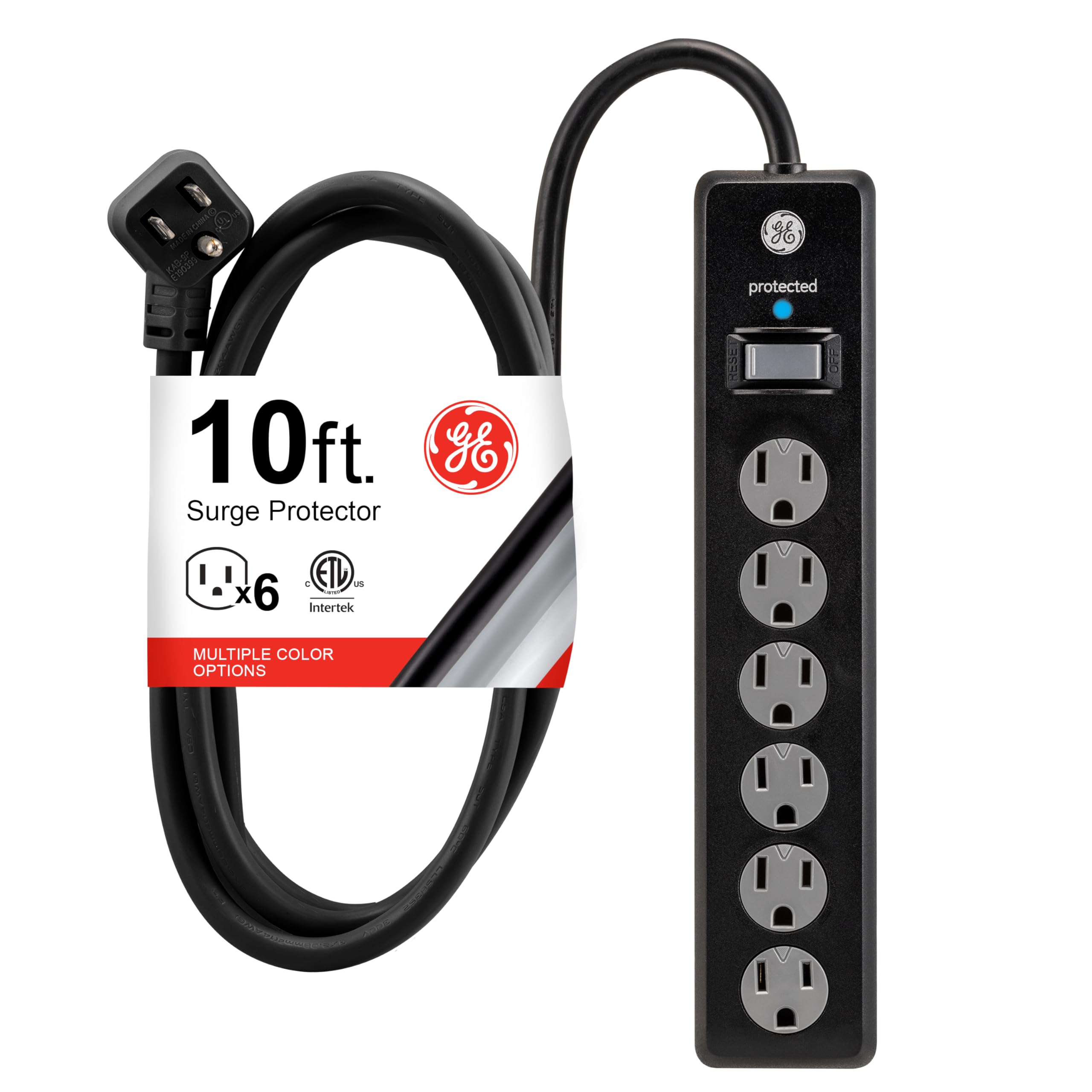 GE 6-Outlet Surge Protector, 10 Ft Extension Cord, Power Strip, 600 Joules, Twist-to-Close Safety Covers, Protected Indicator Light, ETL Listed, Black, 37442