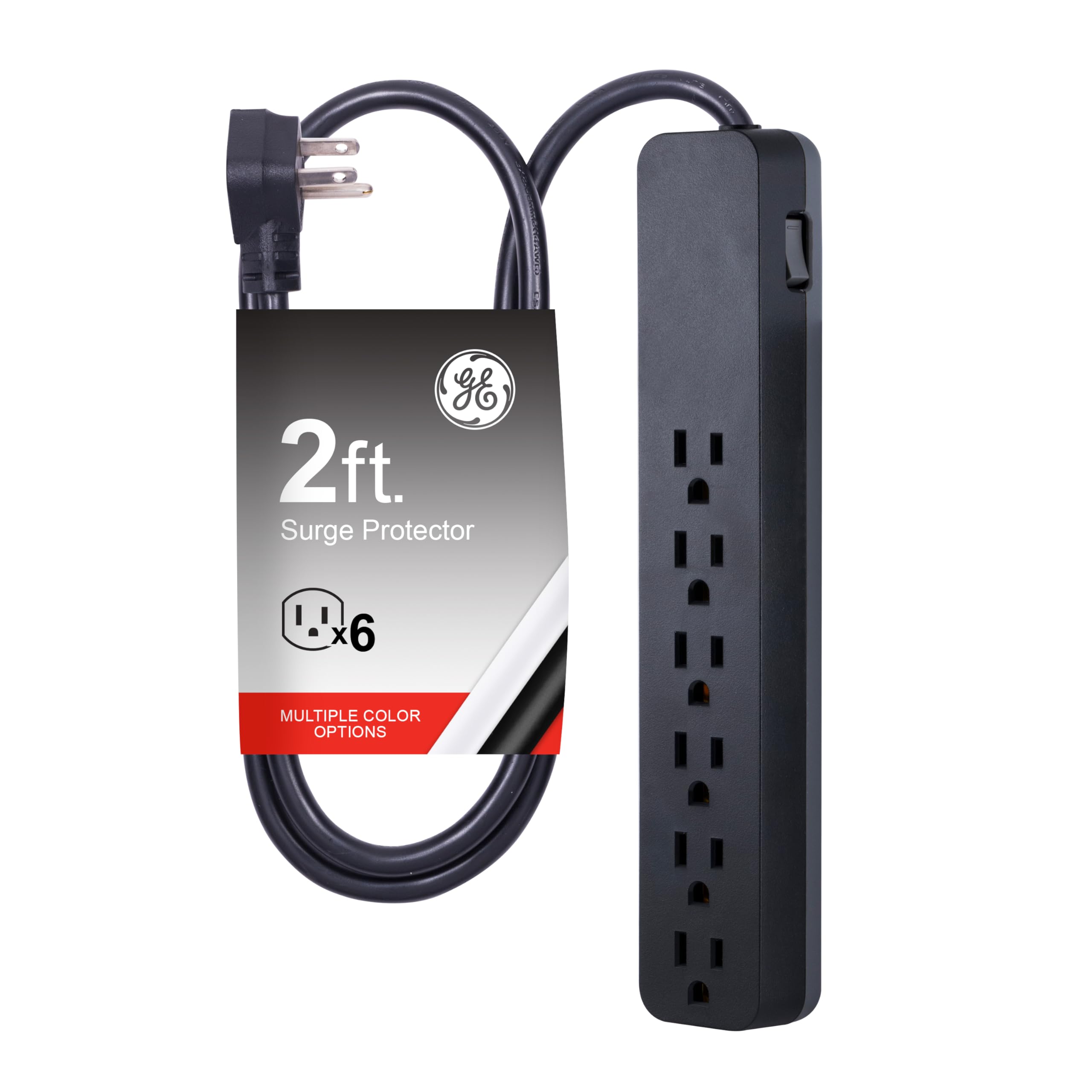 GE Pro 6-Outlet Surge Protector, 2 Ft Extension Cord, 620 Joules, Power Strip, Flat Plug, Integrated Circuit Breaker, Wall Mount, UL Listed, Black, 45170