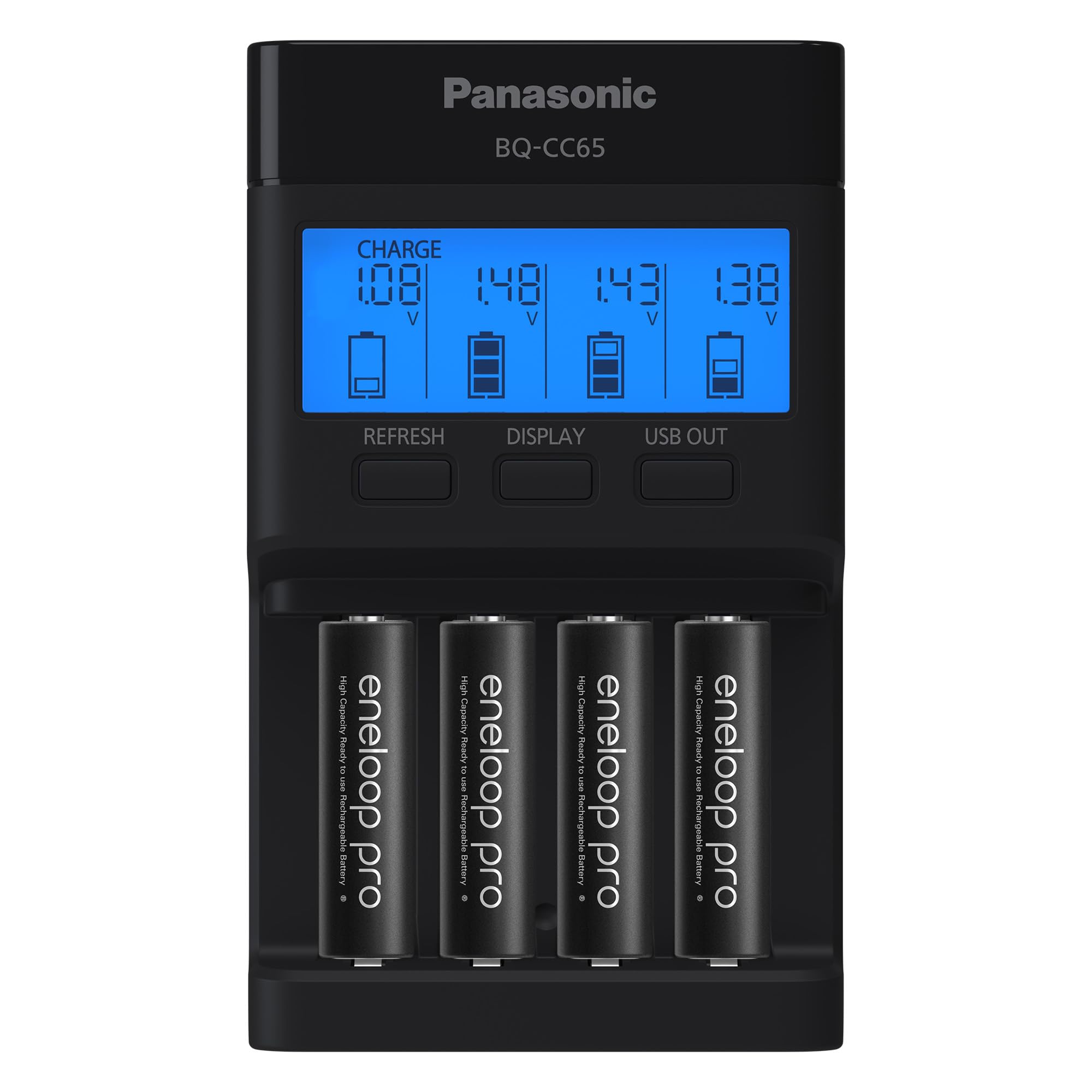Panasonic K-KJ65KHA4BA Super Advanced 4-Position Quick Charger with LCD Indicator Panel, USB Charging Port and 4AA eneloop pro Rechargeable Batteries, Black