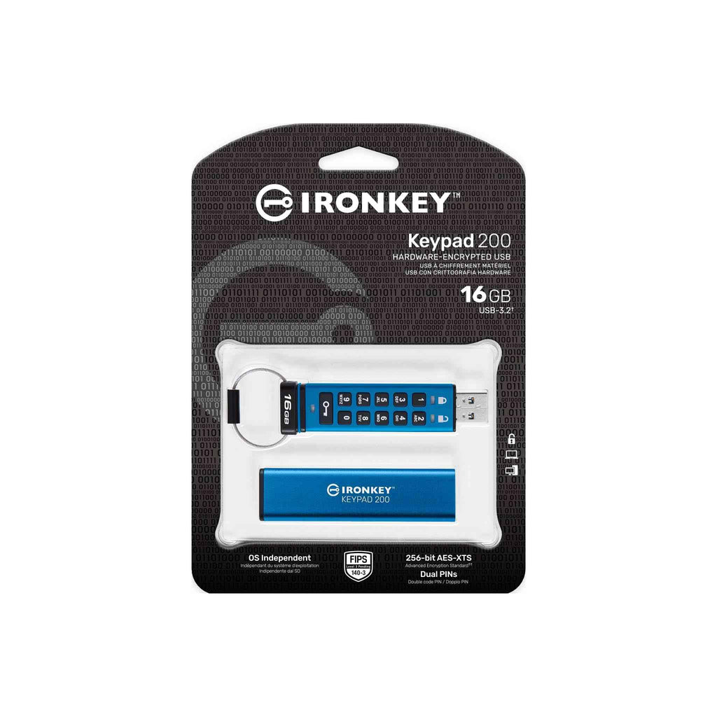 Kingston IronKey Keypad 200 Type -A hardware-encrypted USB Flash Drive FIPS 140-3 Level 3 (Pending) with XTS-AES 256-bit Hardware Encryption - IKKP200/16GB