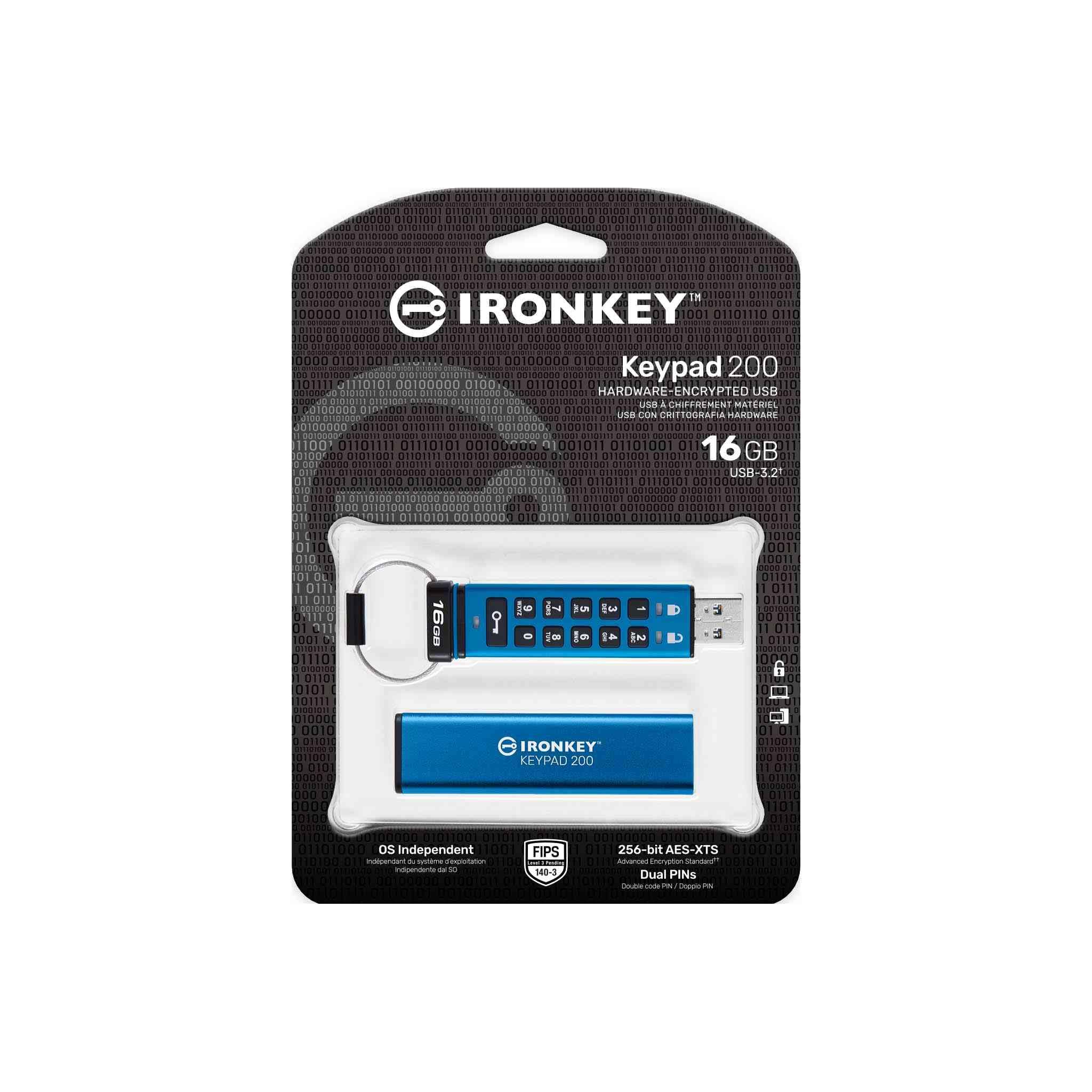Kingston IronKey Keypad 200 Type -A hardware-encrypted USB Flash Drive FIPS 140-3 Level 3 (Pending) with XTS-AES 256-bit Hardware Encryption - IKKP200/16GB
