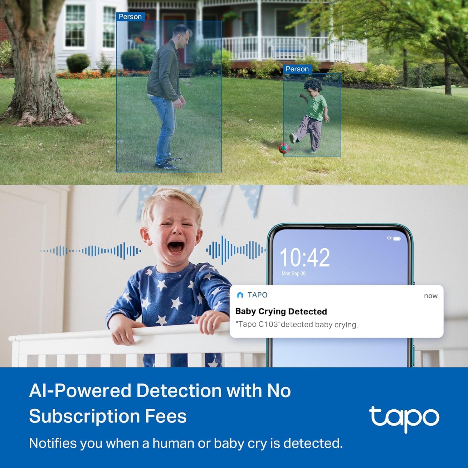 Tapo 2K 3MP Pan/Tilt Indoor/Outdoor Security Camera, Free Person/Baby Cry Detect & Motion Track, 360° View, Color Night Vision, SD/Cloud Storage, Works w/Alexa & Google Home, HybridCam 360