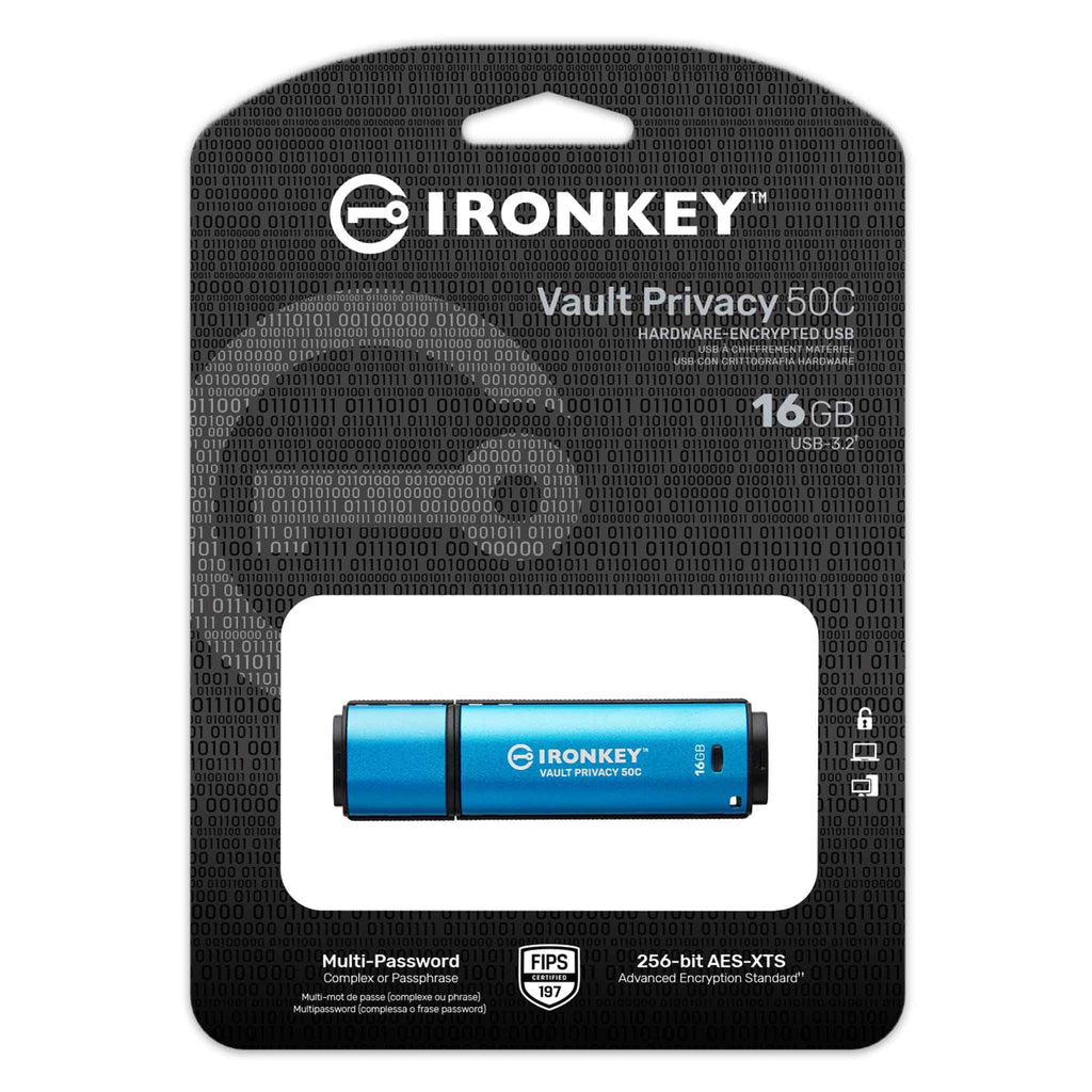 Kingston IronKey Vault Privacy 50 FIPS 197 Certified & XTS-AES 256-bit Encrypted USB TypeC Drive for Data Protection - IKVP50C/16GB