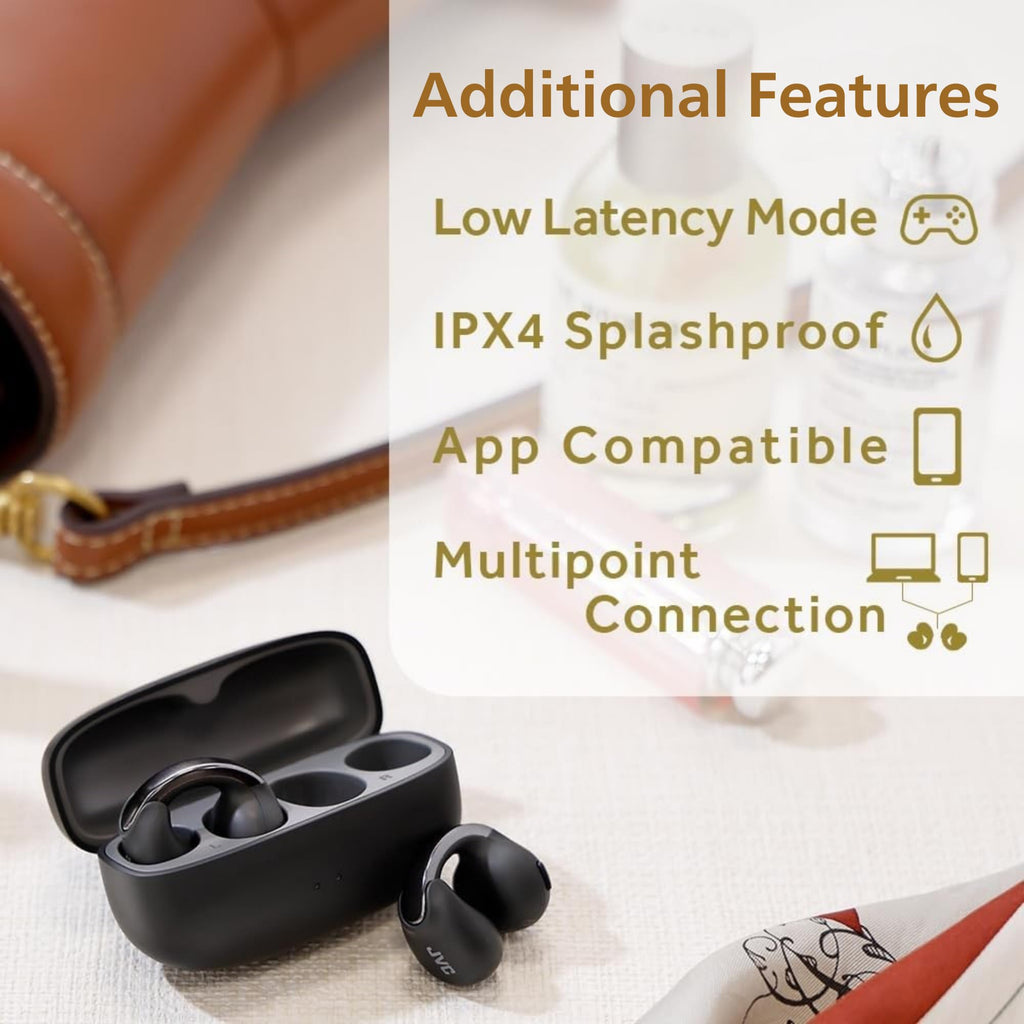 JVC Nearphones Open Ear True Wireless Headphones - Open Ear Earbuds - Bluetooth 5.3-24H Playback - IPX4 Water Resistant - Built-in Mic - Awareness & Comfort - Ear Clip Earbuds - HANP1T
