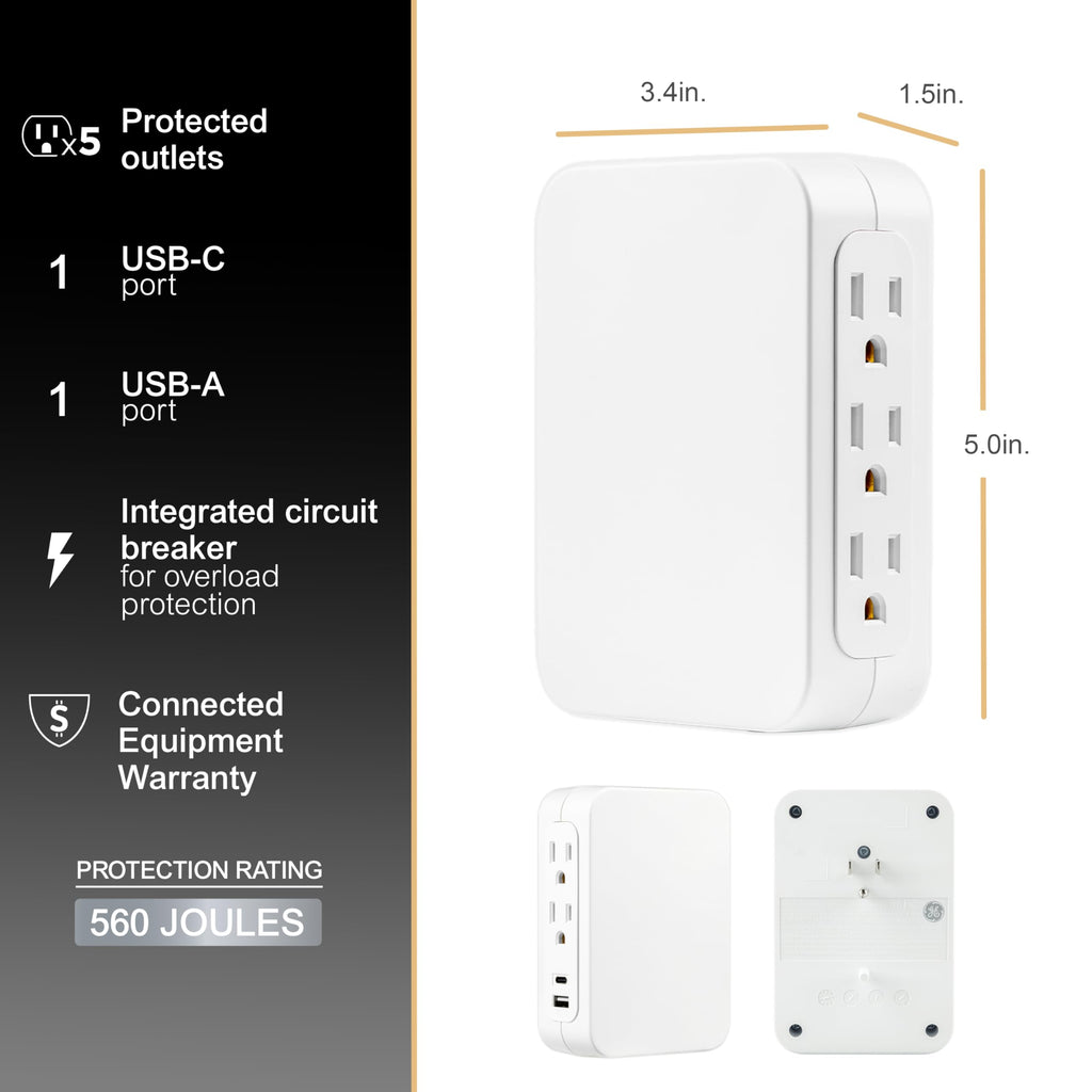 GE USB C 5 Outlet Extender, Side-Access, Wall Tap Surge Protector, Multi-Plug, USB A, 3-Prong, Secure Install, White, 83503