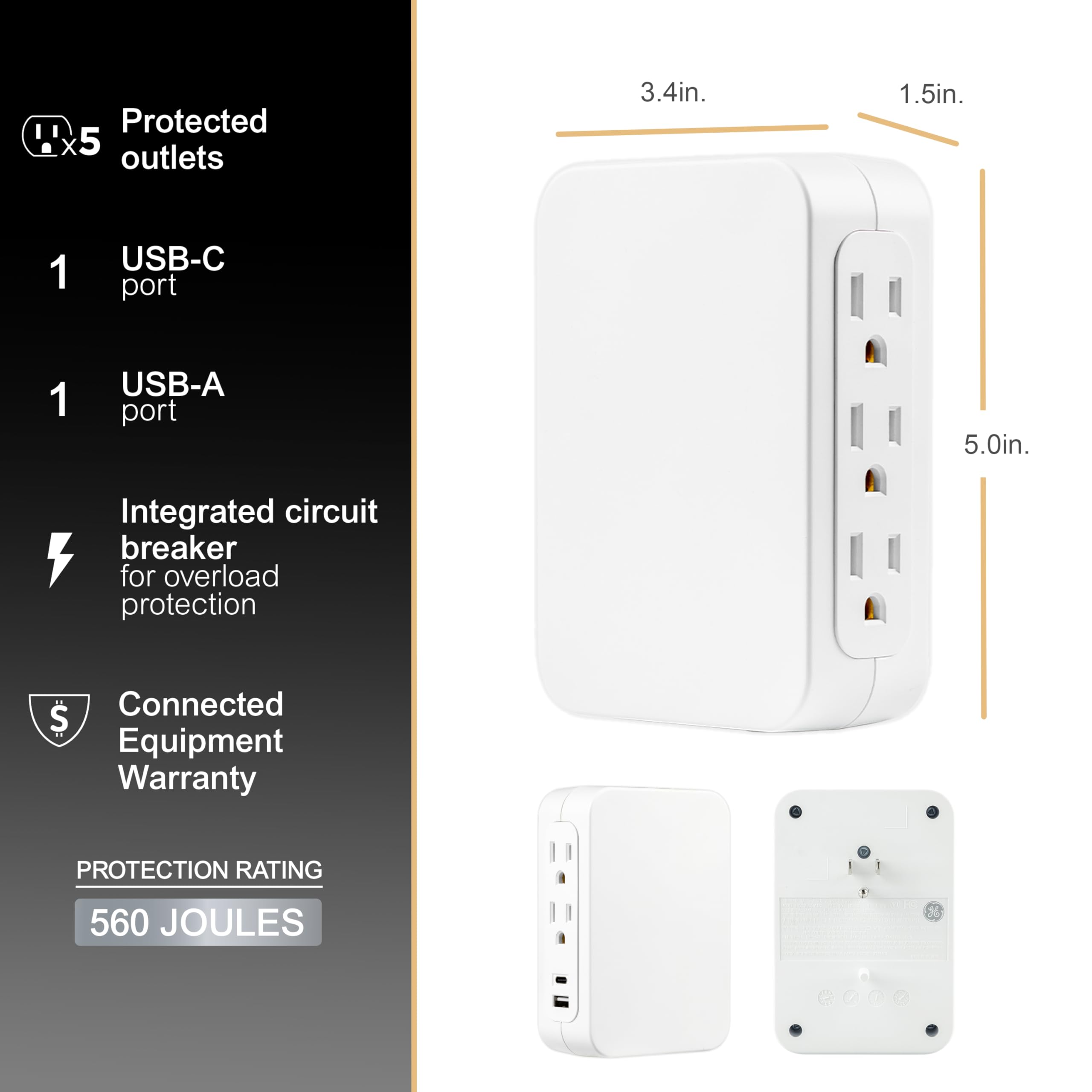 GE USB C 5 Outlet Extender, Side-Access, Wall Tap Surge Protector, Multi-Plug, USB A, 3-Prong, Secure Install, White, 83503