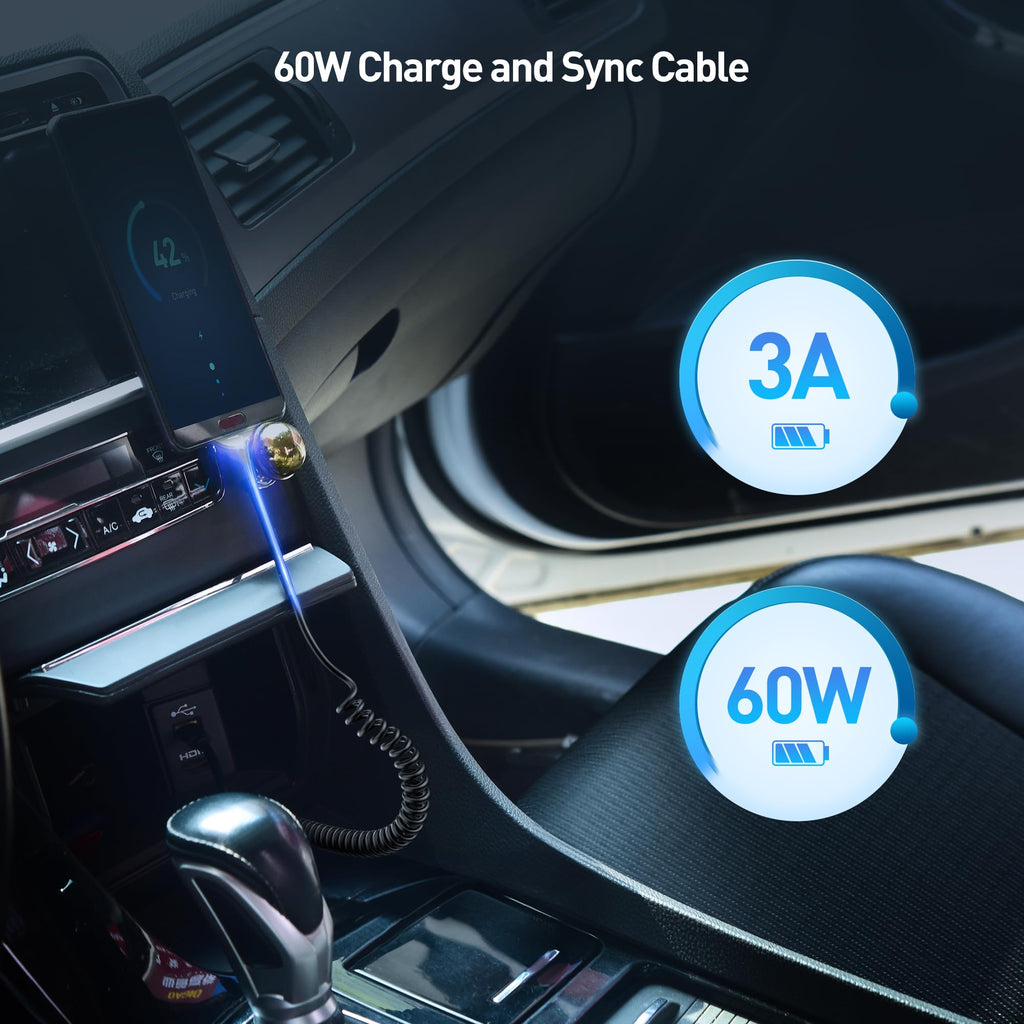 Cable Matters Coiled USB C to USB C Cable 1-4 Feet, Up to [60W Charging, 480Mbps Data Transfer] Compatible with Apple CarPlay, Android Auto, USBC Charger Cable for iPhone 16/15, Galaxy S24