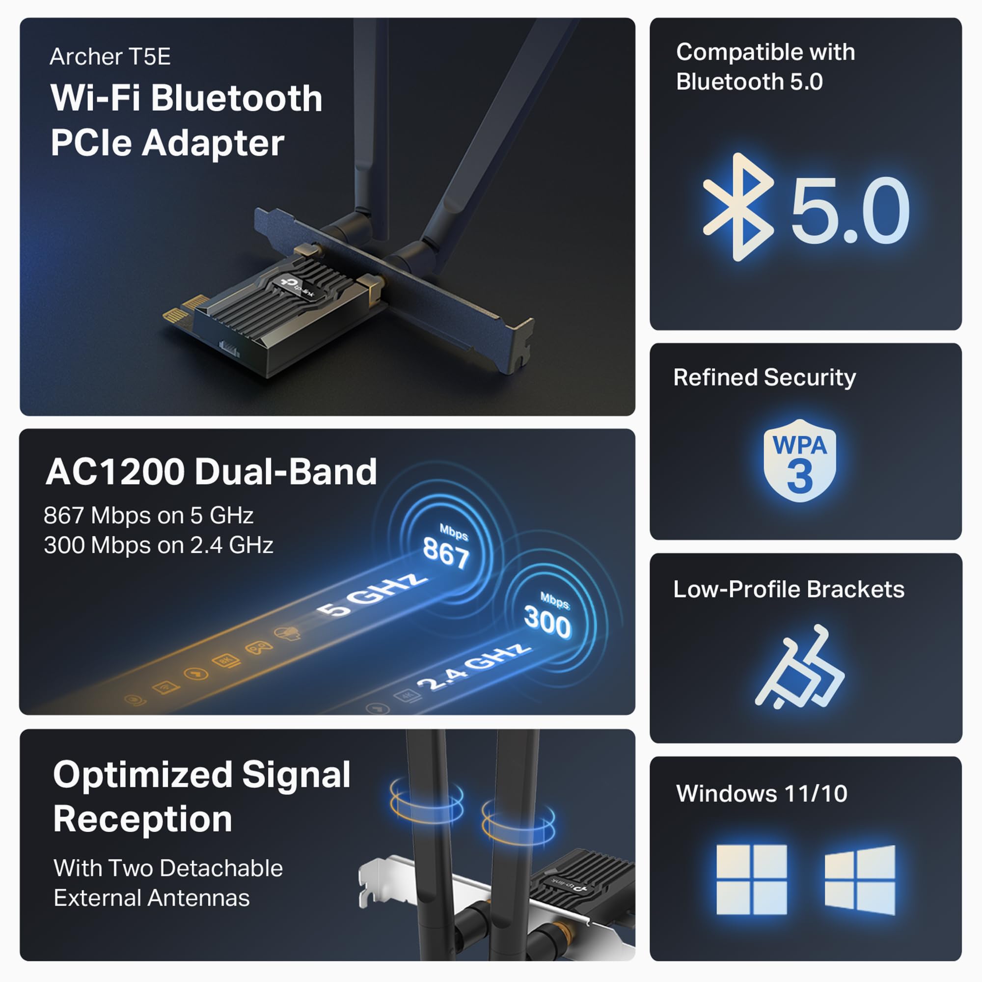 TP-Link AC1200 PCIe WiFi Card for PC |Bluetooth 4.2 |Dual Band Wireless Network Card (2.4Ghz / 5Ghz) | for Gaming, Browsing, Streaming etc.- Supports Windows 10, 8.1, 8 & 7 (32/64-bit) - (Archer T5E)