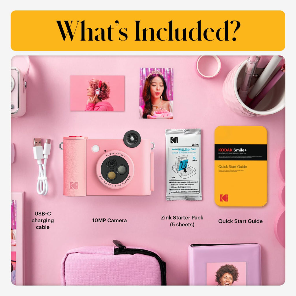 KODAK Smile+ 2-in-1 Digital Instant Camera & Wireless Bluetooth Photo Printer, 10MP, Special-Effect Rotating Lens, Zink 2x3" (5.1x7.5 cm) Sticky-Back Photos, Print via App from Smart Devices, Pink