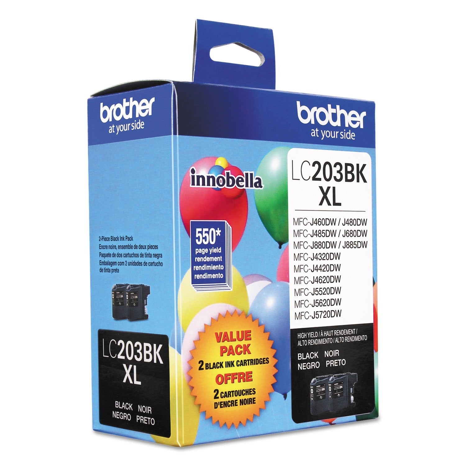 Brother Genuine High Yield Black Ink Cartridges, LC2032PKS, Replacement Black Ink Two Pack, Includes 2 Cartridges of Black Ink, Page Yield Up To 550 Pages/Cartridge, LC203