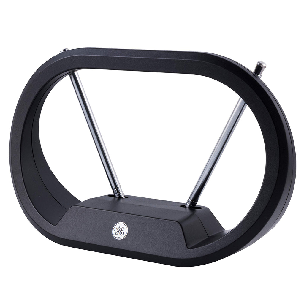 GE UltraPro Traditional Rabbit Ears Indoor Black TV Antenna, Dipoles, Weighted Base, Tabletop Antenna, Digital, HDTV Antenna, Smart TV Compatible, 4K 1080P VHF UHF, Compact Design, 33675