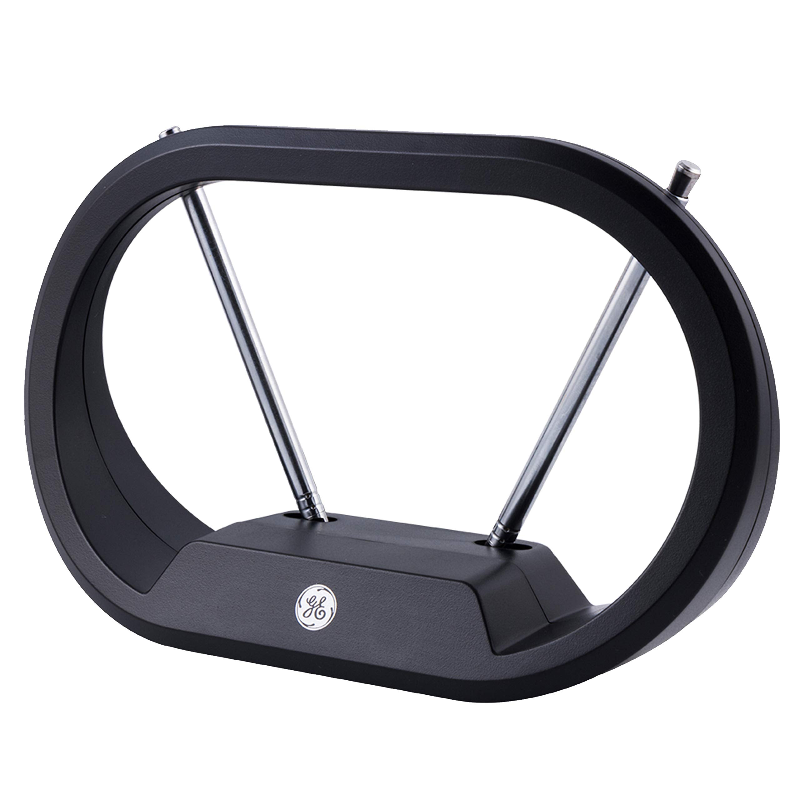 GE UltraPro Traditional Rabbit Ears Indoor Black TV Antenna, Dipoles, Weighted Base, Tabletop Antenna, Digital, HDTV Antenna, Smart TV Compatible, 4K 1080P VHF UHF, Compact Design, 33675