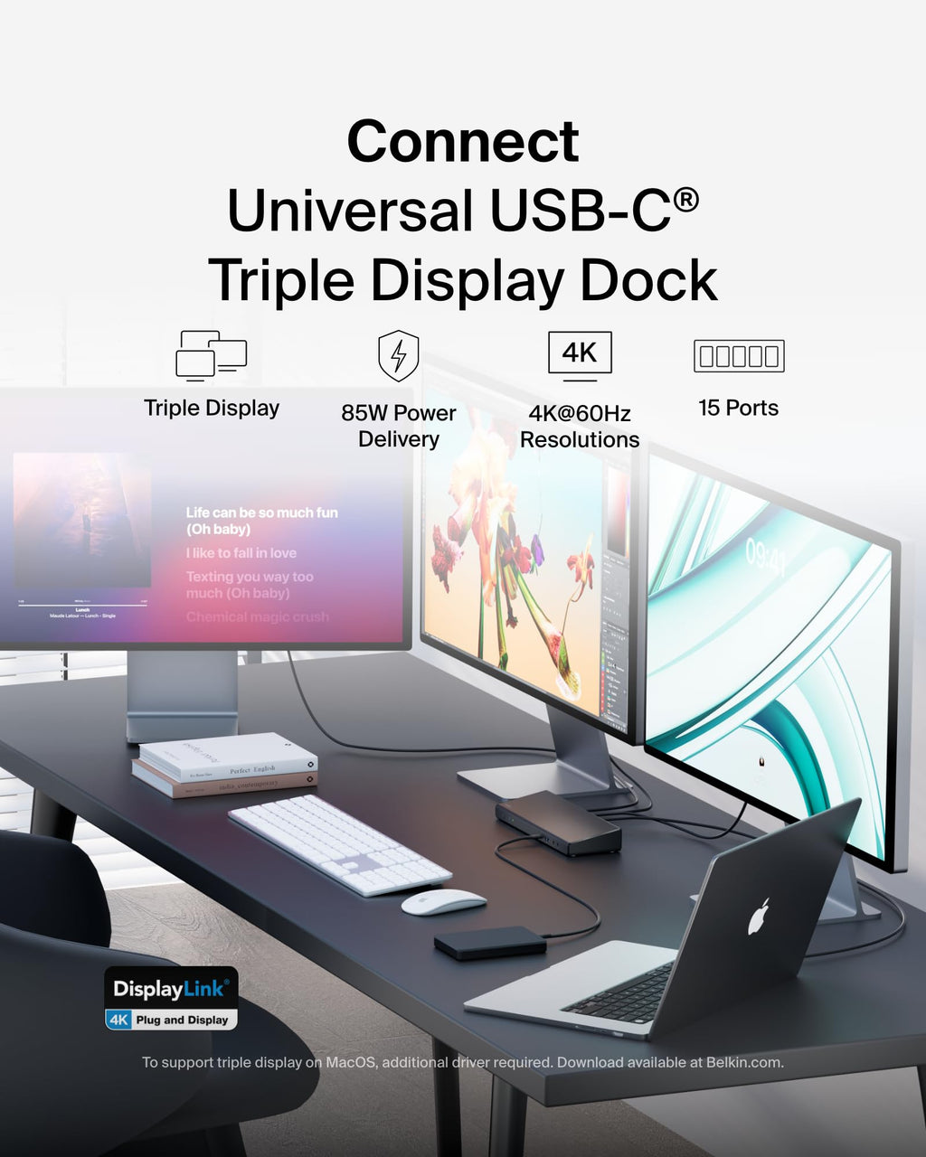 Belkin Triple Display DisplayLink Docking Station Hub with 3 HDMI Ports, 2 DisplayPorts for Triple 4K Display with 85W Power Delivery, Gigabit Ethernet, 3.5mm Mic/Speaker, 1 USB-C and 5 USB-A Ports