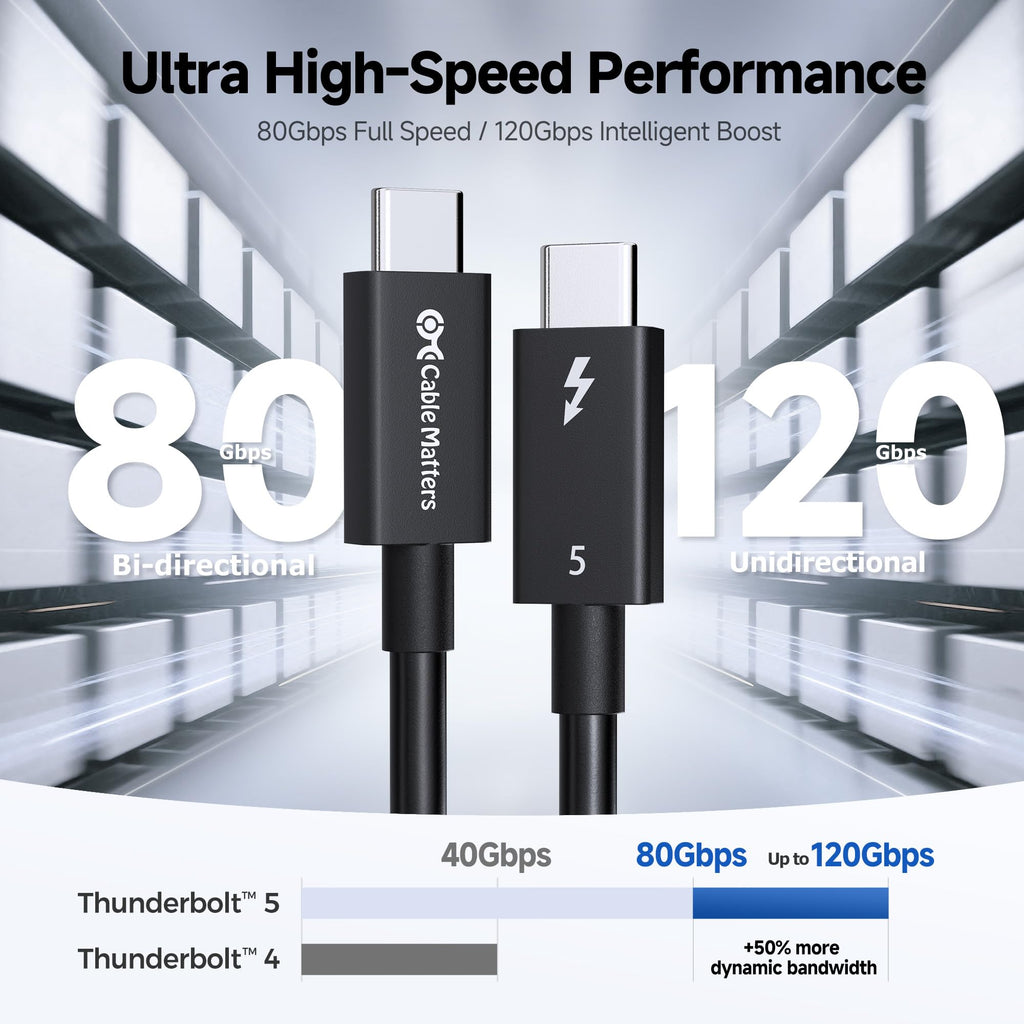 Cable Matters [Intel Certified] 80Gbps Thunderbolt 5 Cable with Bandwidth Increase up to 120Gbps and 240W Charging in Black - 0.5m, Compatible with Thunderbolt 4, USB4, Thunderbolt
