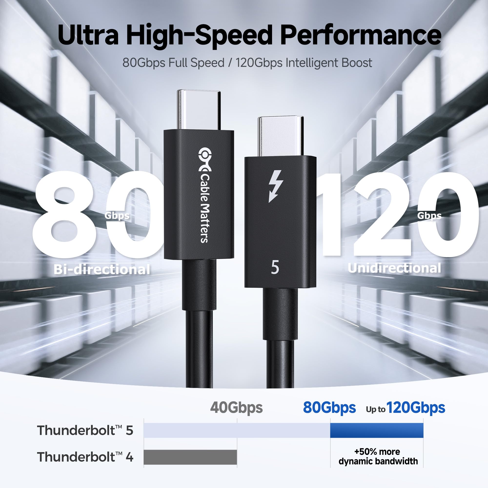 Cable Matters [Intel Certified] 80Gbps Thunderbolt 5 Cable with Bandwidth Increase up to 120Gbps and 240W Charging in Black - 0.5m, Compatible with Thunderbolt 4, USB4, Thunderbolt