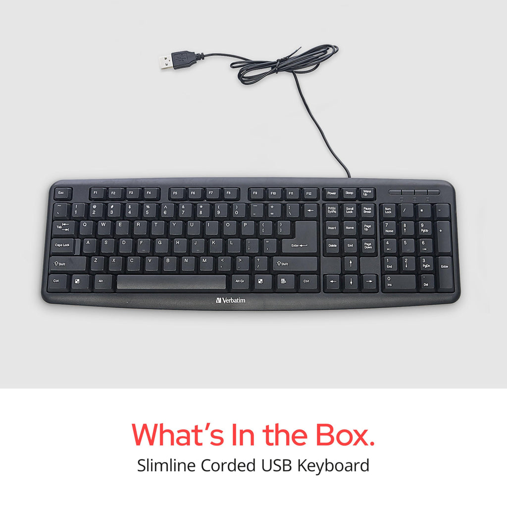 Verbatim Slimline Wired Keyboard USB Plug-and-Play Numeric Keypad Adjustable Tilt Legs Corded Full-Size Computer Keyboard Compatible with PC, Laptop - Frustration Free Packaging Black 99201