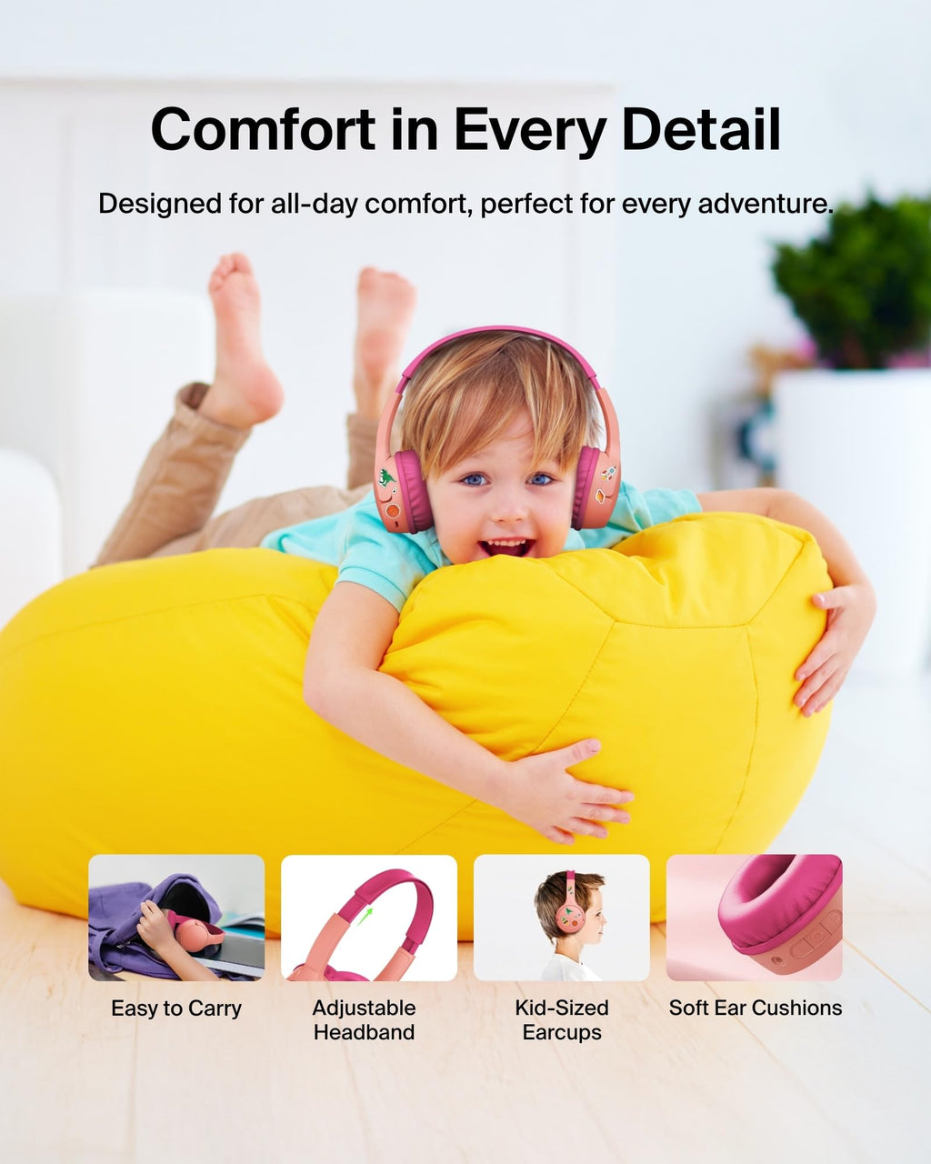 Belkin SoundForm Mini Kids Wireless Headphones w/Built-in Microphone, 30H of Playback Time, Fun Stickers - Over-Ear Headsets for Online Learning, School, iPhone, iPad, Galaxy, & More - Pink