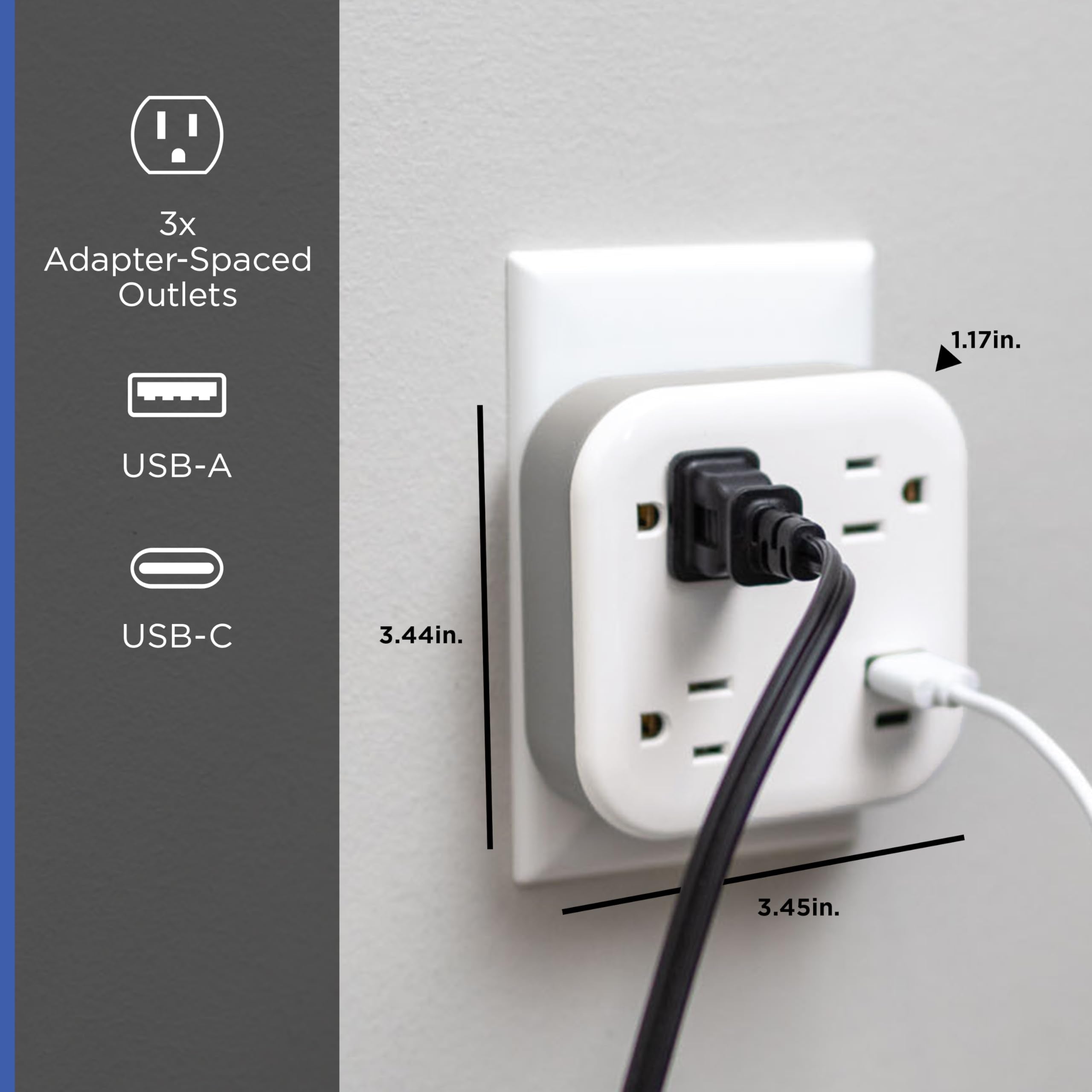 GE UltraPro 3-Outlet Surge Protector Wall Tap, 980J, USB-C & USB-A Ports, Adapter-Spaced Outlets, Circuit Breaker, ETL Certified, Low-Profile Design, White, 85875