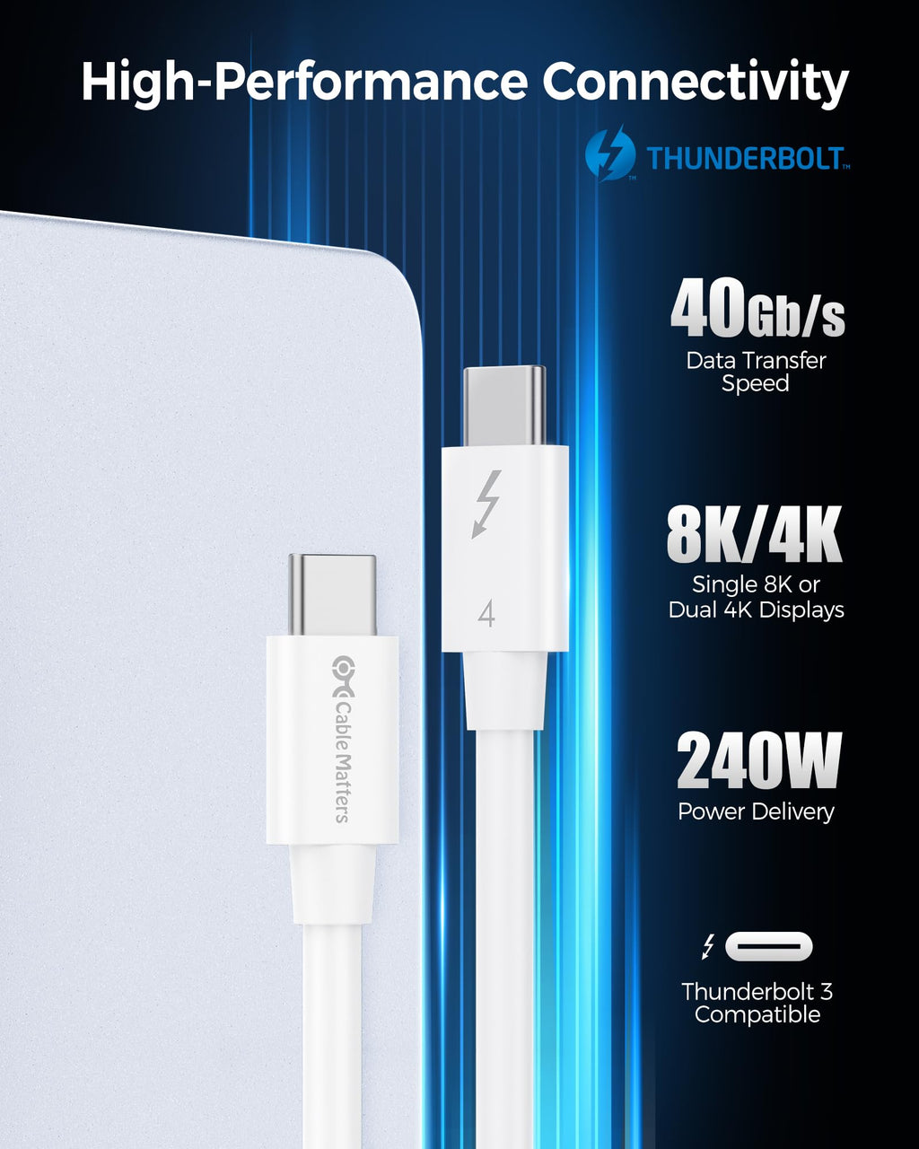 [Intel Certified] Cable Matters 40Gbps Thunderbolt 4 Cable 1m with 8K Video and 240W Charging in White - Backwards Compatible with USB4 Thunderbolt 3 Cable and USB-C