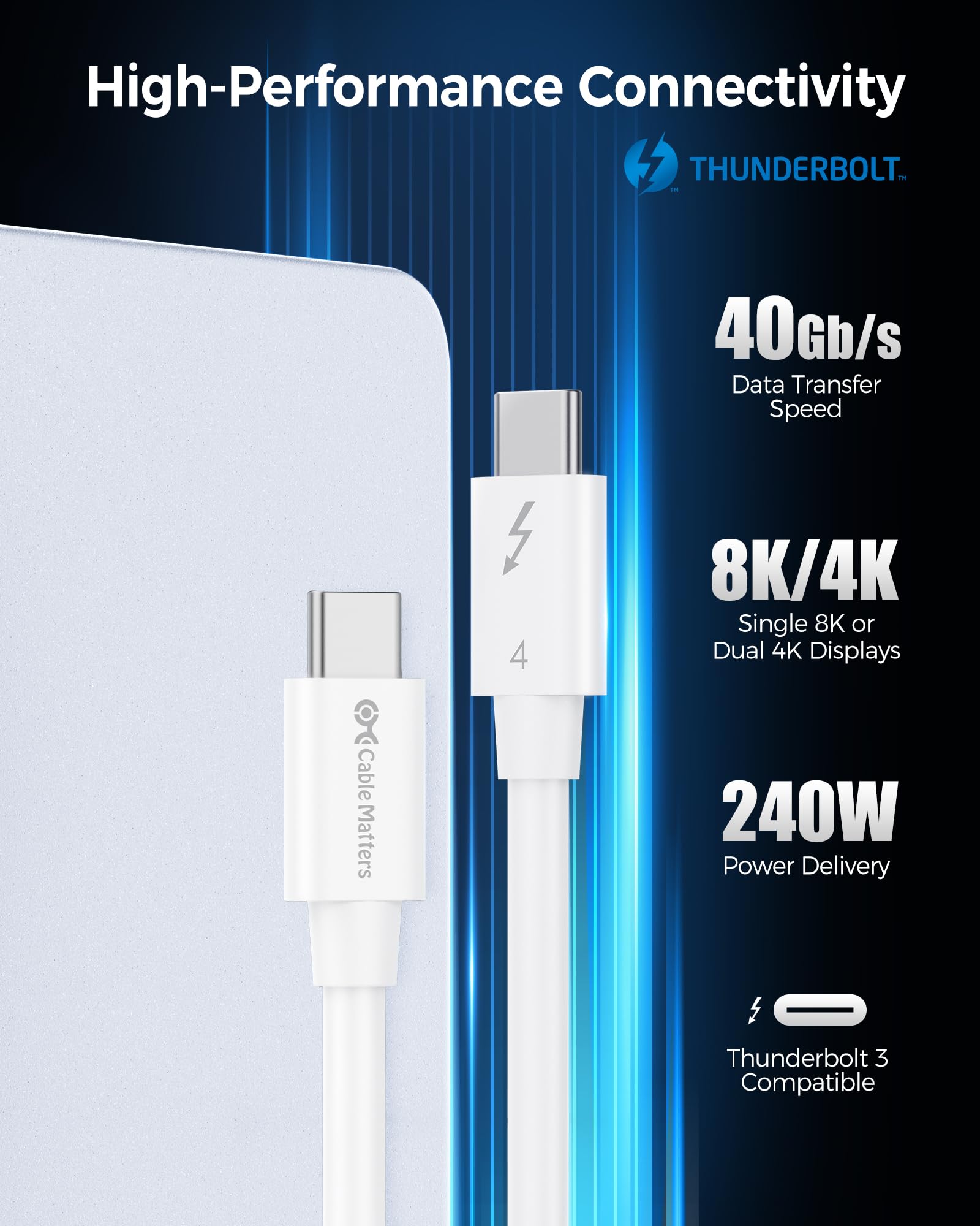 [Intel Certified] Cable Matters 40Gbps Thunderbolt 4 Cable 1m with 8K Video and 240W Charging in White - Backwards Compatible with USB4 Thunderbolt 3 Cable and USB-C