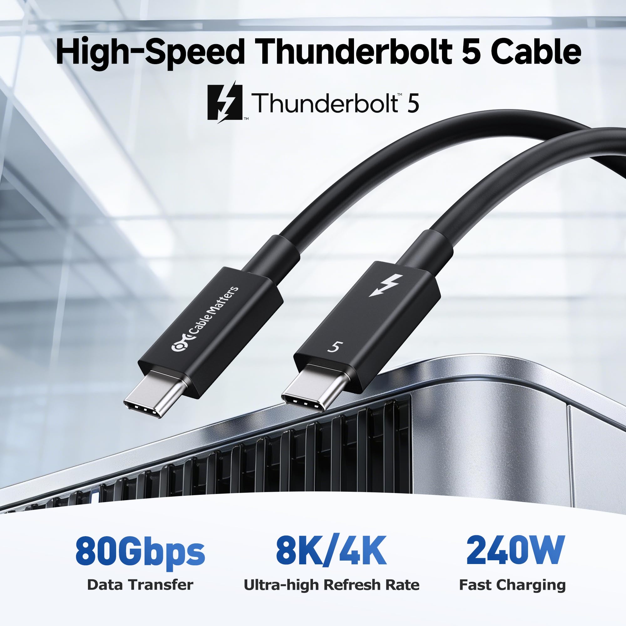 Cable Matters [Intel Certified] 80Gbps Thunderbolt 5 Cable with Bandwidth Increase up to 120Gbps and 240W Charging in Black - 0.5m, Compatible with Thunderbolt 4, USB4, Thunderbolt
