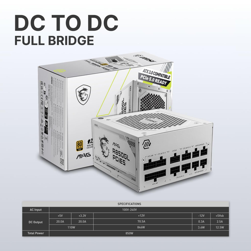 MSI MAG 850GL PCIE 5 White Gaming Power Supply - Fully Modular - 80 Plus Gold Certified 850W - Compact Size - ATX Power Supply