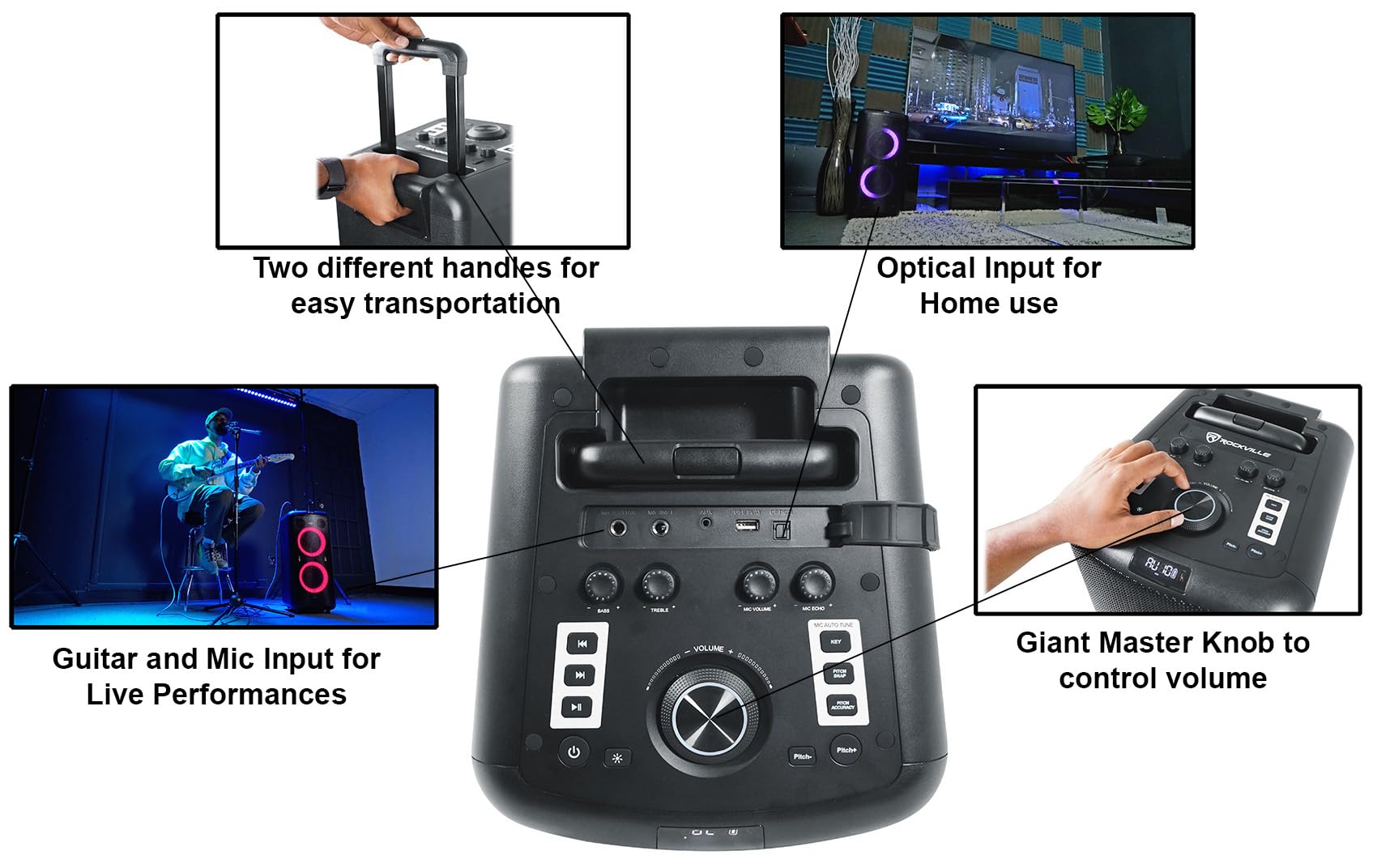 Rockville Elite Party 65 Bluetooth Party Speaker, 2000W Peak/500W RMS, Karaoke Effects, LED Lights, Guitar/Optical Inputs, for Events and Parties