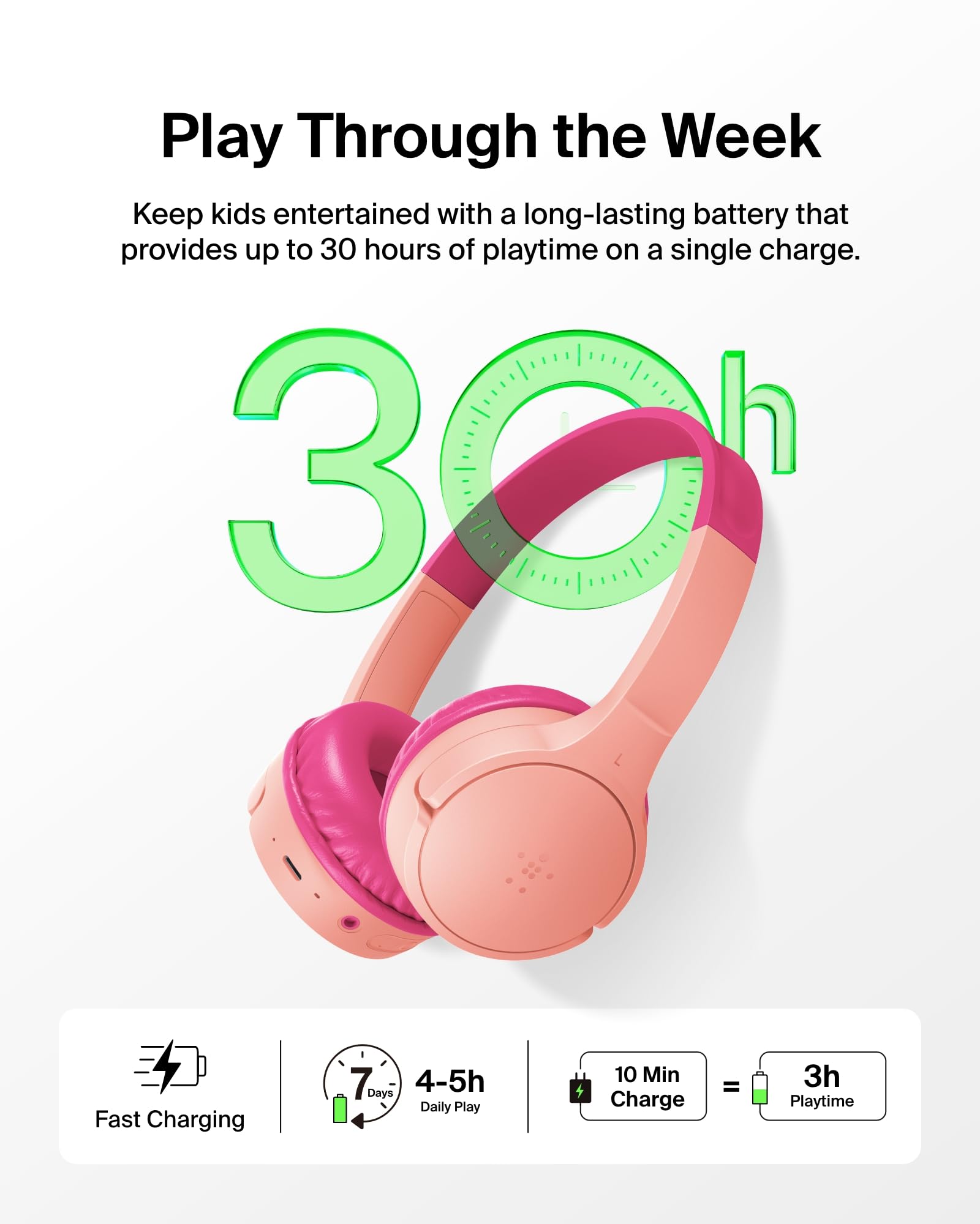 Belkin SoundForm Mini Kids Wireless Headphones w/Built-in Microphone, 30H of Playback Time, Fun Stickers - Over-Ear Headsets for Online Learning, School, iPhone, iPad, Galaxy, & More - Pink