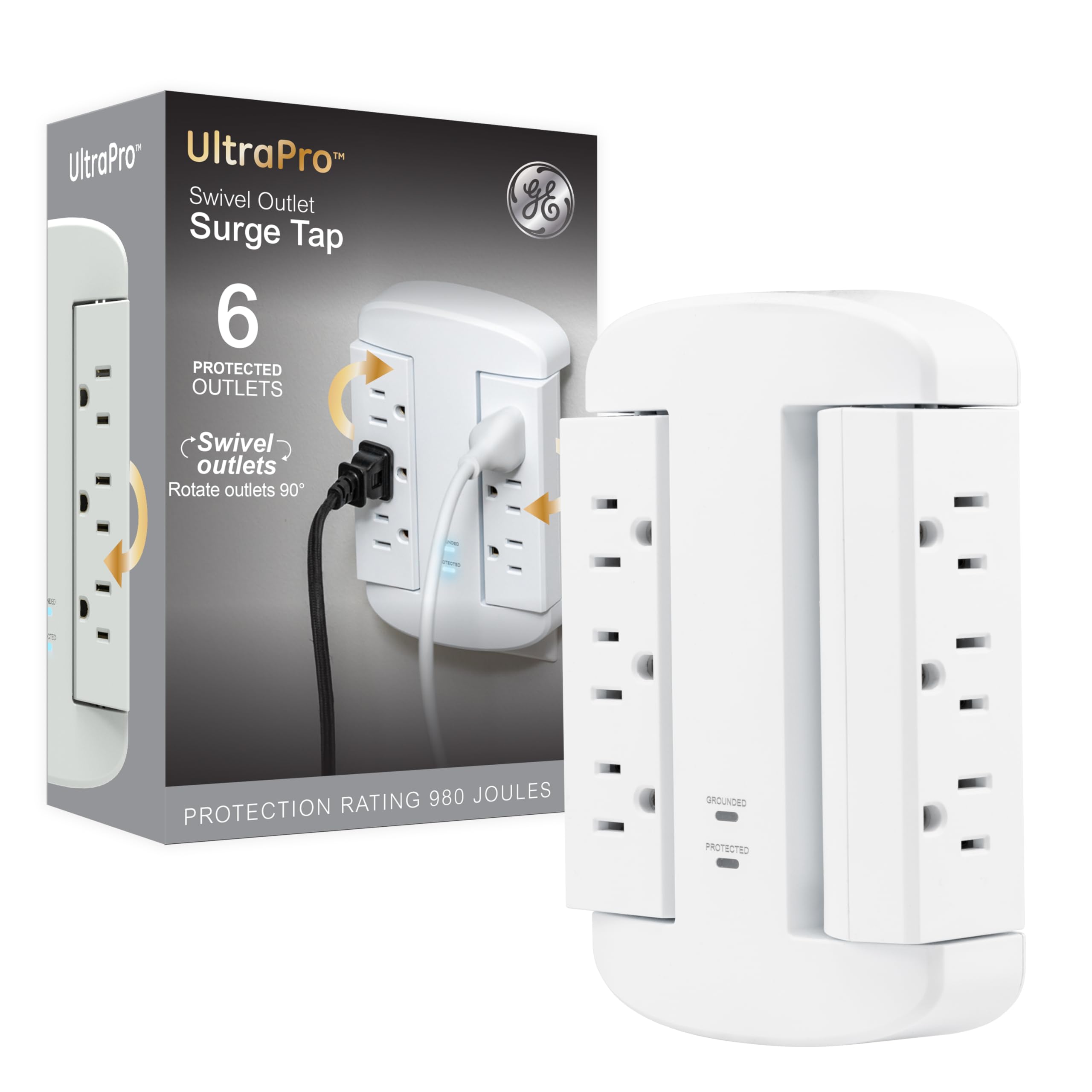 GE 6-Outlet Extender, Surge Protector, Swivel Side Access, Wall Tap Adapter, 3-Prong, 980 Joules, ETL Listed, White, 81781