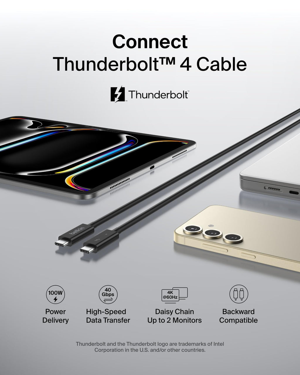 Belkin Active Thunderbolt 4 USB-C Cable, USB Type C Connection with 100W Power Delivery PD Enabled, USB 4 Compliant and Compatible with TB3 Compatible with MacBook Pro, iPhone 15 Pro, more, 2m