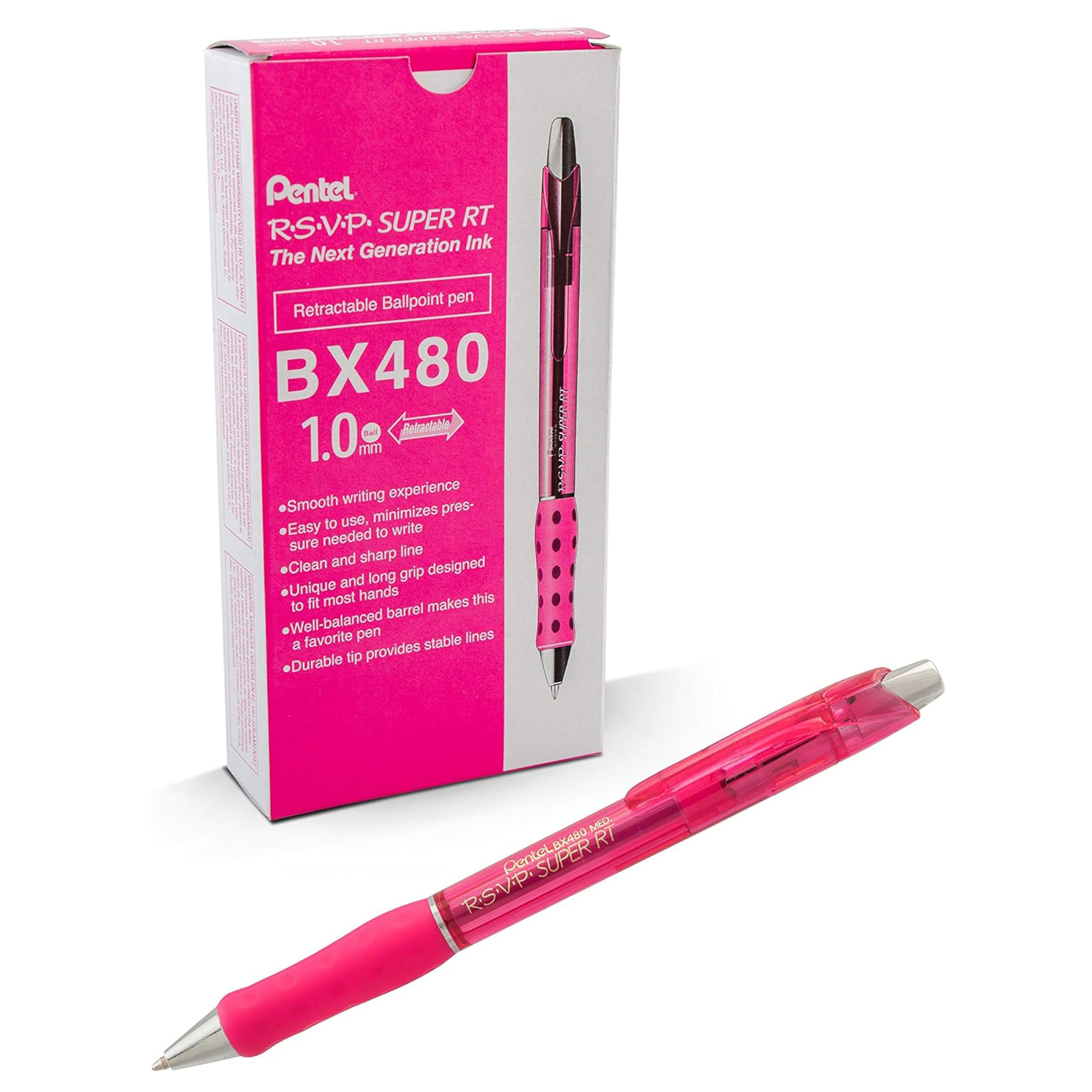 Pentel RSVP Super RT Ballpoint Pen, (1.0mm) Medium Line, Pink Ink, Box of 12 Pens (BX480-P)