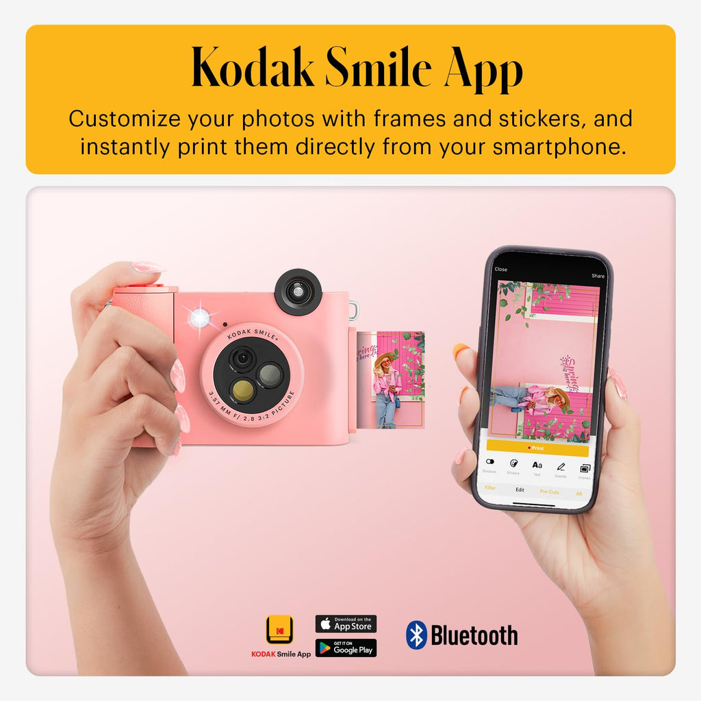 KODAK Smile+ 2-in-1 Digital Instant Camera & Wireless Bluetooth Photo Printer, 10MP, Special-Effect Rotating Lens, Zink 2x3" (5.1x7.5 cm) Sticky-Back Photos, Print via App from Smart Devices, Pink