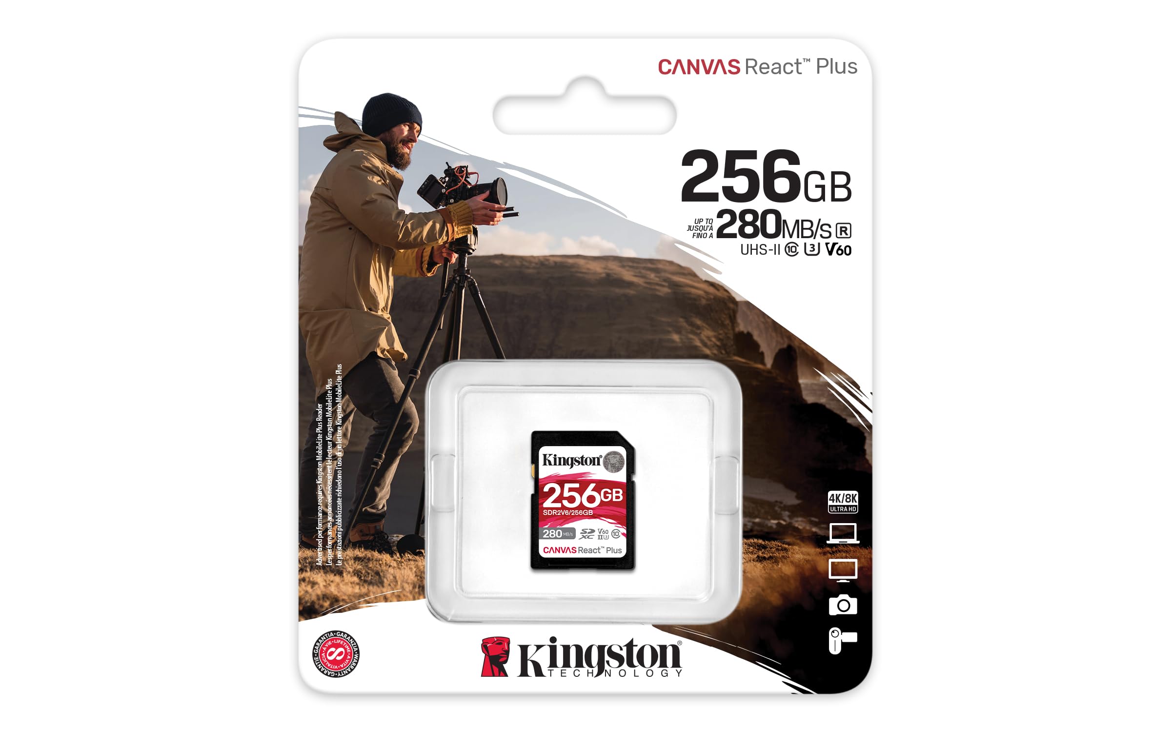 Kingston Canvas React Plus V60 SD 256GB SDXC UHS-II 280R/150W U3 V60 for Full HD/4K