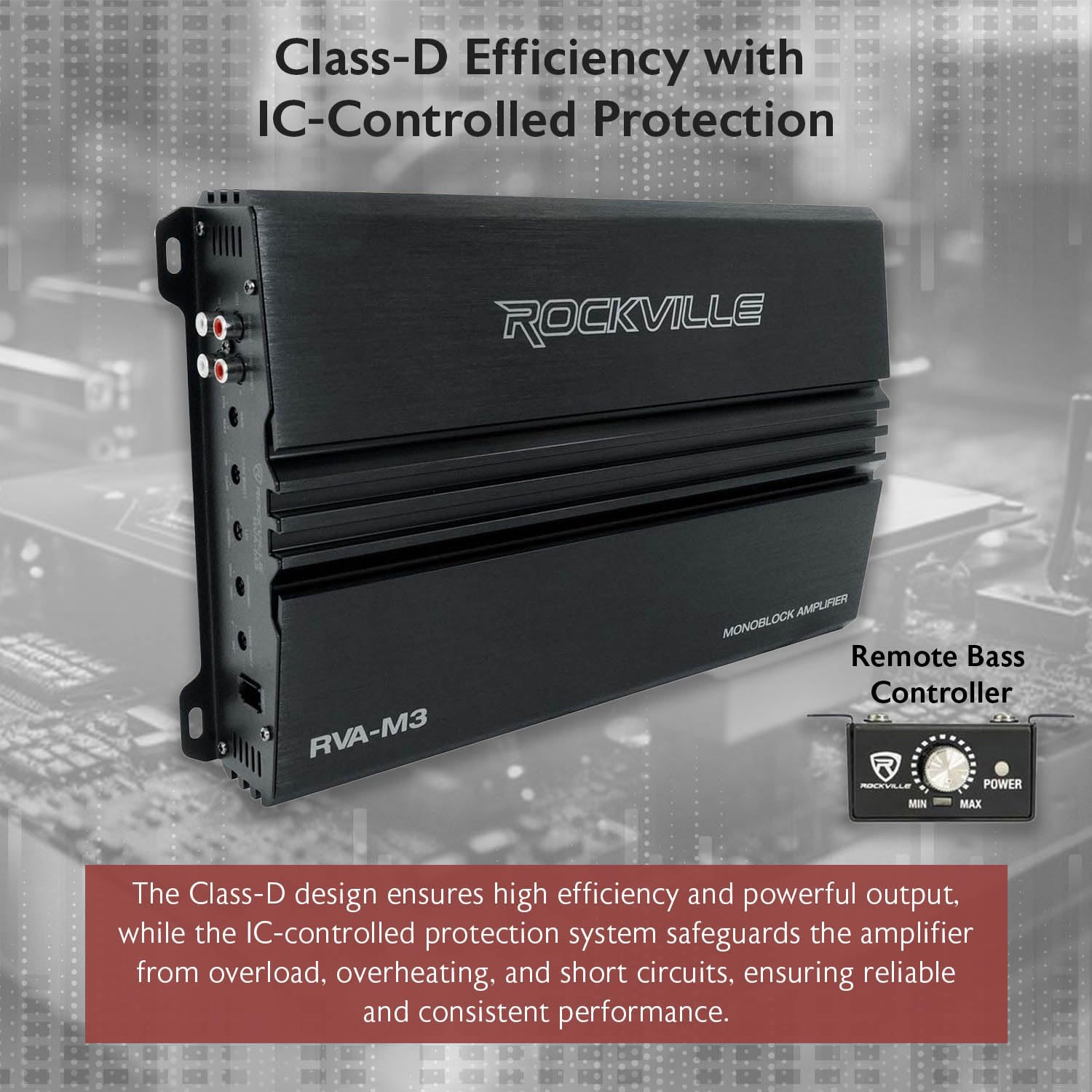 Rockville RVA-M3 V2 Mono Car Amplifier, 4000W, 1000W Dyno-Certified RMS @ 1 Ohm, Class-D, MOSFET, Bass Remote, Perfect for Subwoofers and Car Audio